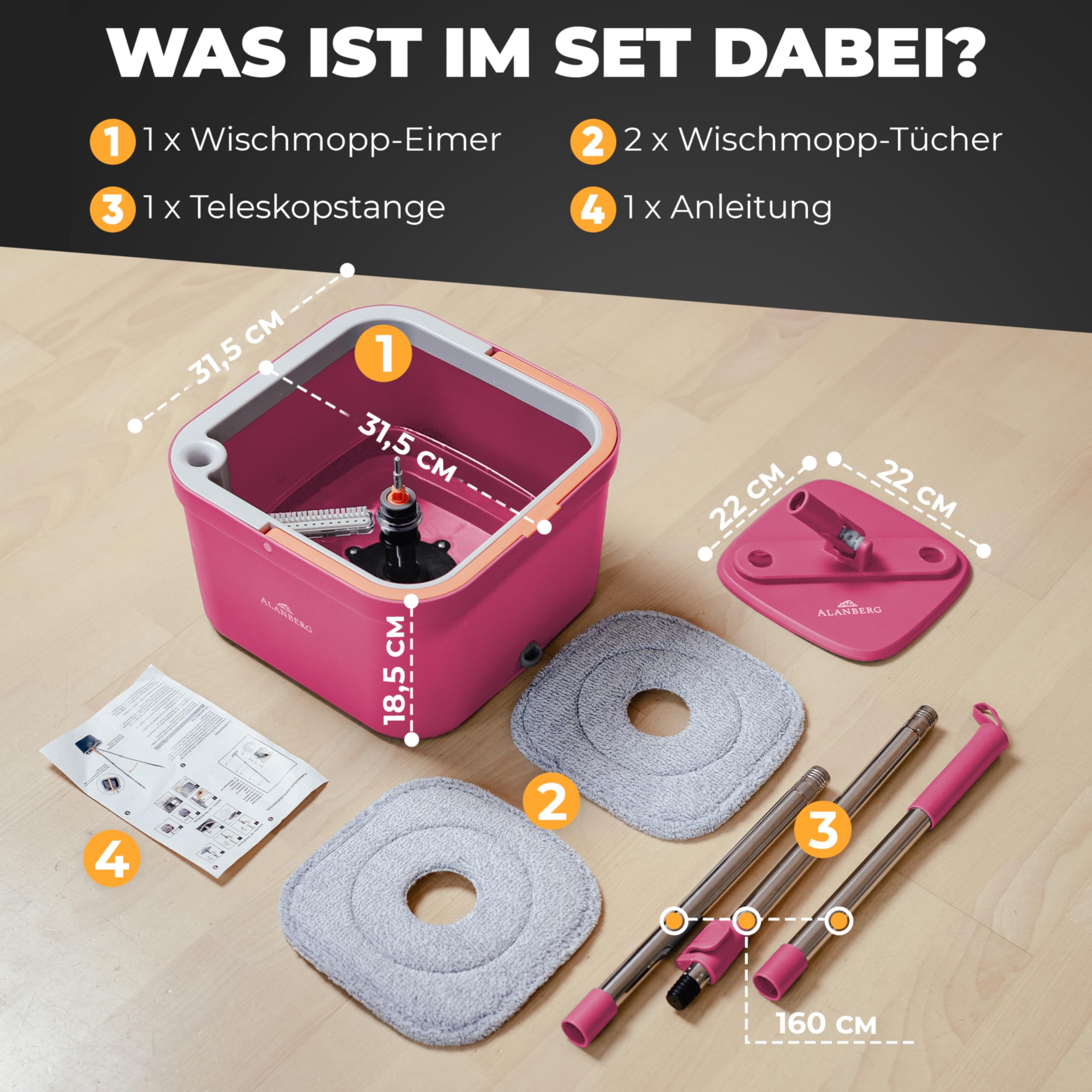 Wischmopp Set mit Eimer, 2-Kammer-System Frisch-/Schmutzwasser Trennung, selbst-auswringend, 160 cm Stiel & 2 Mikrofaser-Pads, für alle Böden, Grau