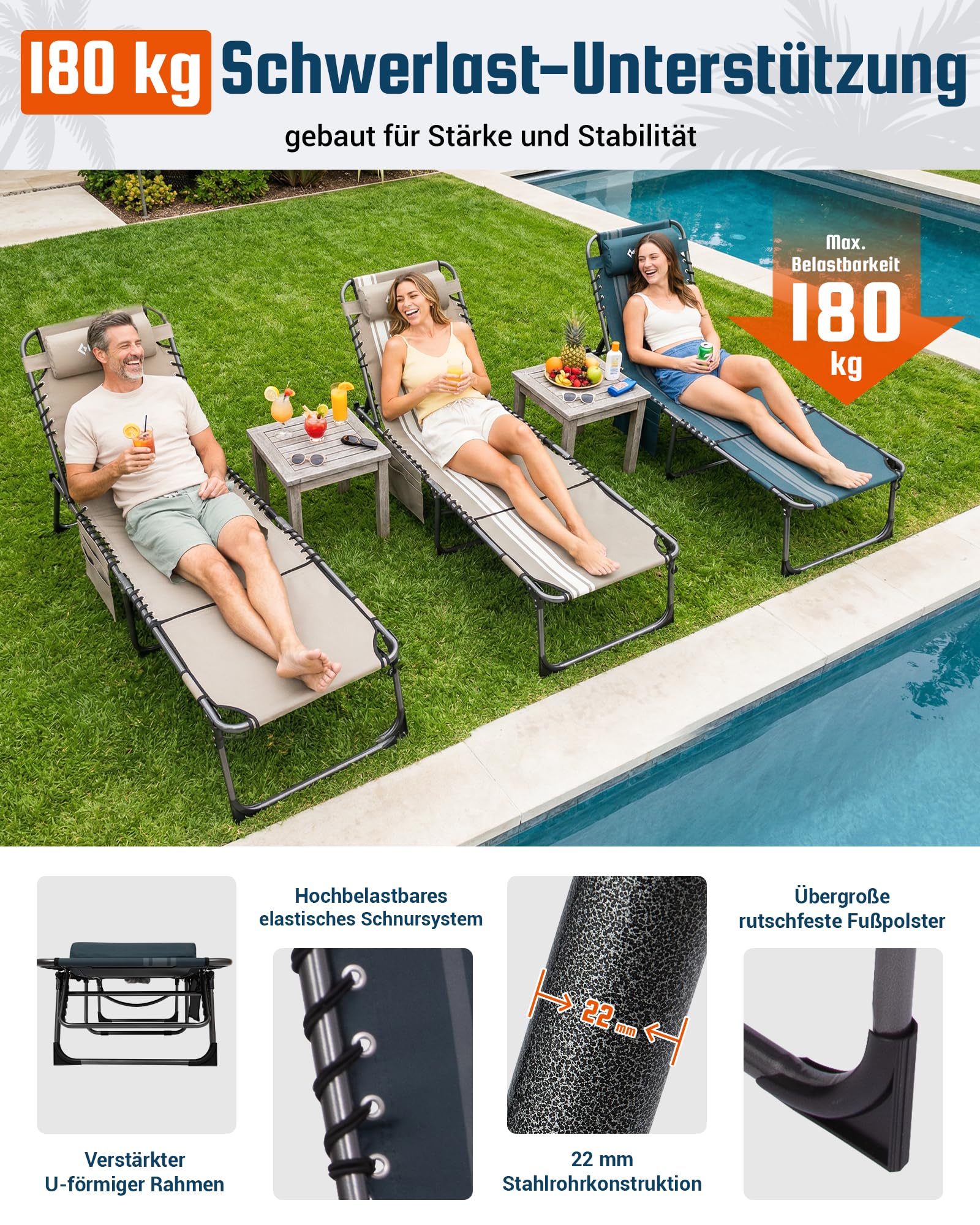 Sonnenliege Klappbar 5-Verstellbare, bis 180 kg, 2er Set, Blau | Gartenliege Klappbar, mit Kopfstütze & Seitentasche, Sonnenliege Wetterfest, Strandliege für Garten Terrasse Pool Camping