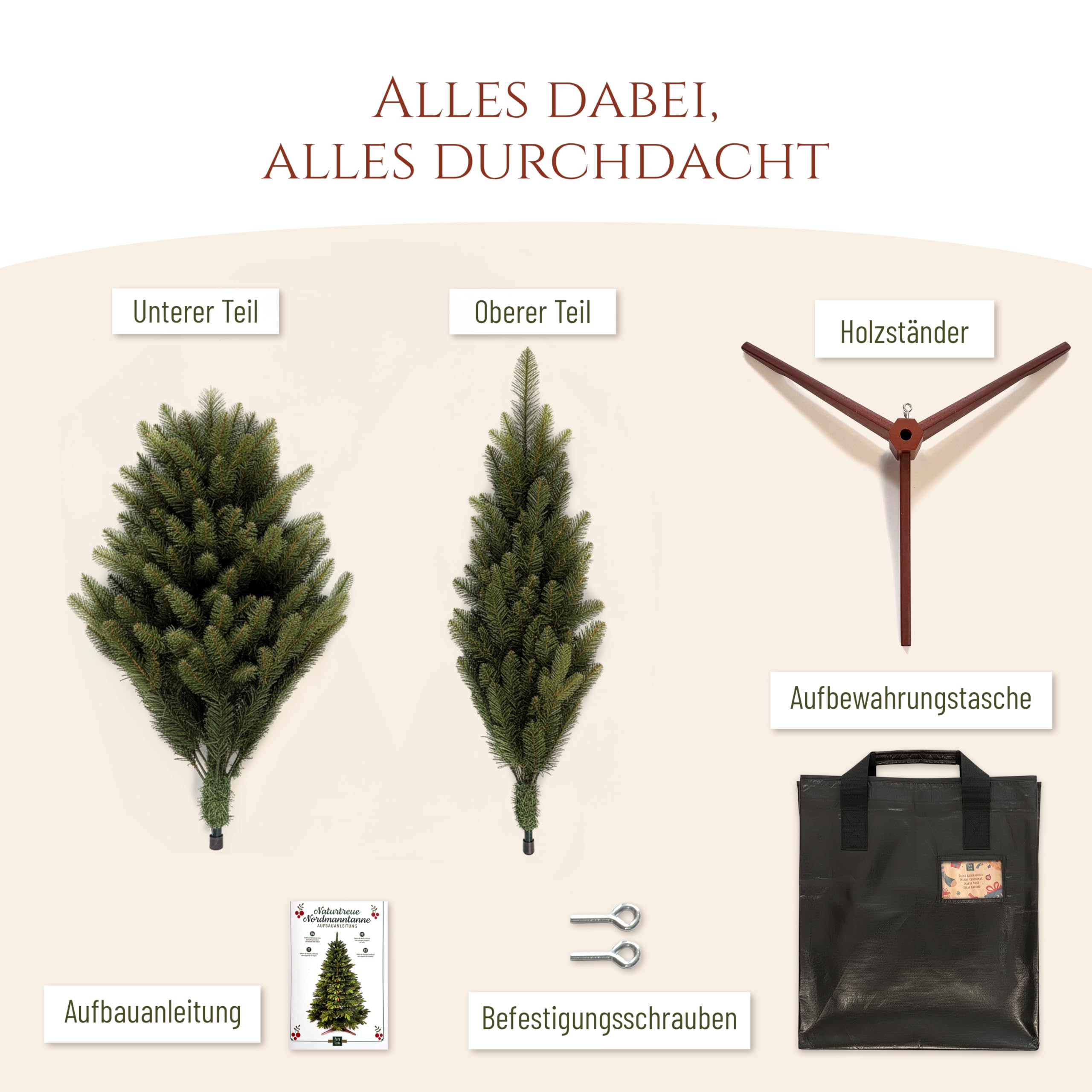 Künstlicher Weihnachtsbaum - Lebensähnlich, besonders dichte Äste, einfache Montage, Made in EU - Premium-Weihnachtsbaum mit Holzständer, Aufbewahrungstasche - Eleganter Nordmann Tannenbaum / Varianten Auswahl - Restposten Neu & OVP!