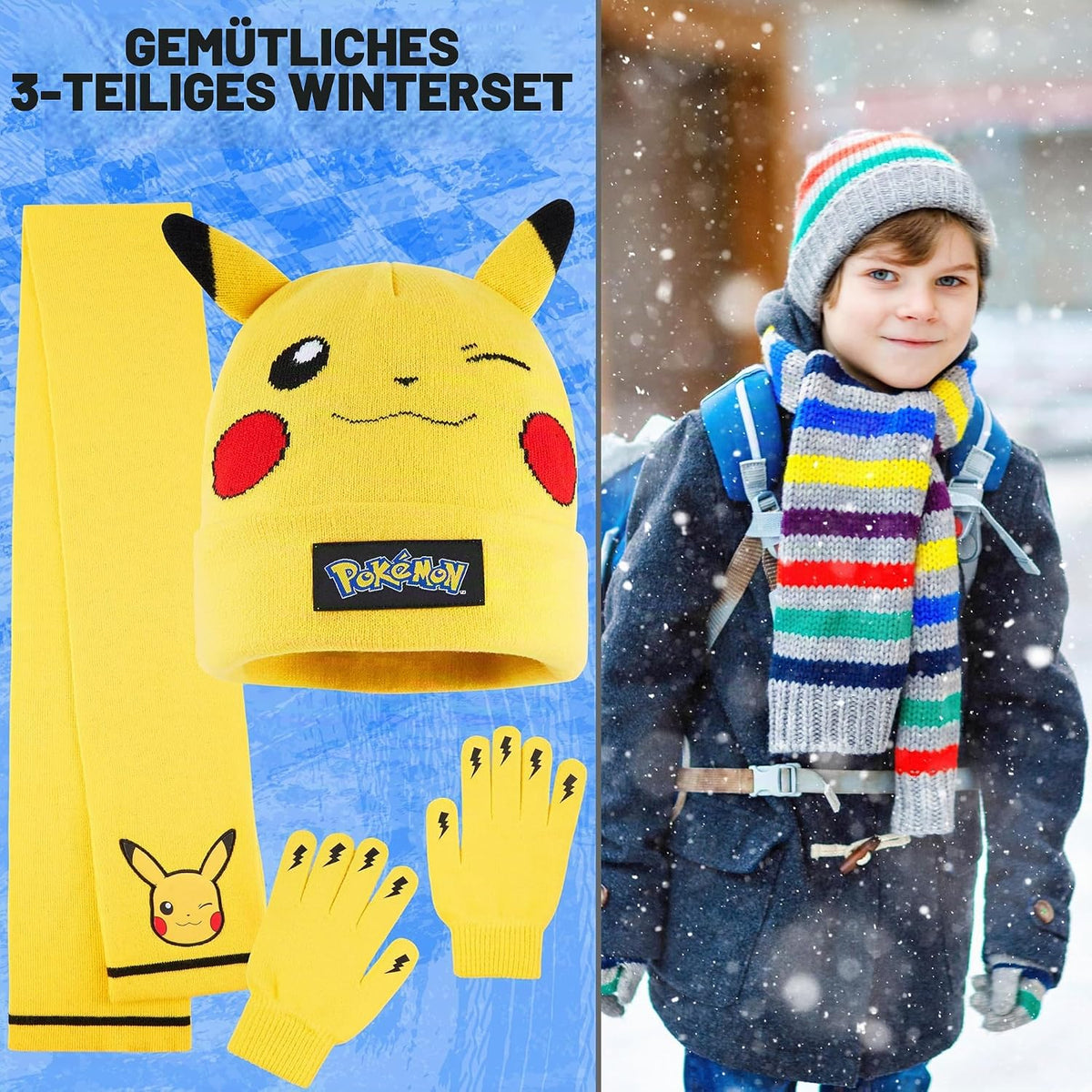 Pokemon Mütze Schal Handschuhe Set Jungen 8–10 Jahre, 3D Pikachu Beanie, Weiches Strick-Winterset, Anime Geschenke für Kinder