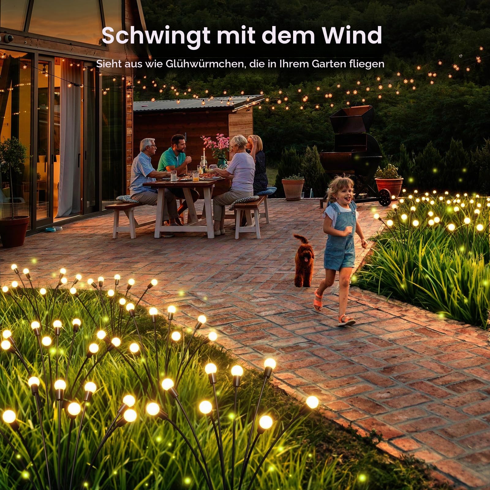 Solarlampen für Außen Garten 4 Stück, 32LED Superhelle 2 Lichtmodi Glühwürmchen Solarleuchten für Außen mit Warmweißem Licht IP65 Wasserdicht Schwingende Garten-Deko für Pathway Yard