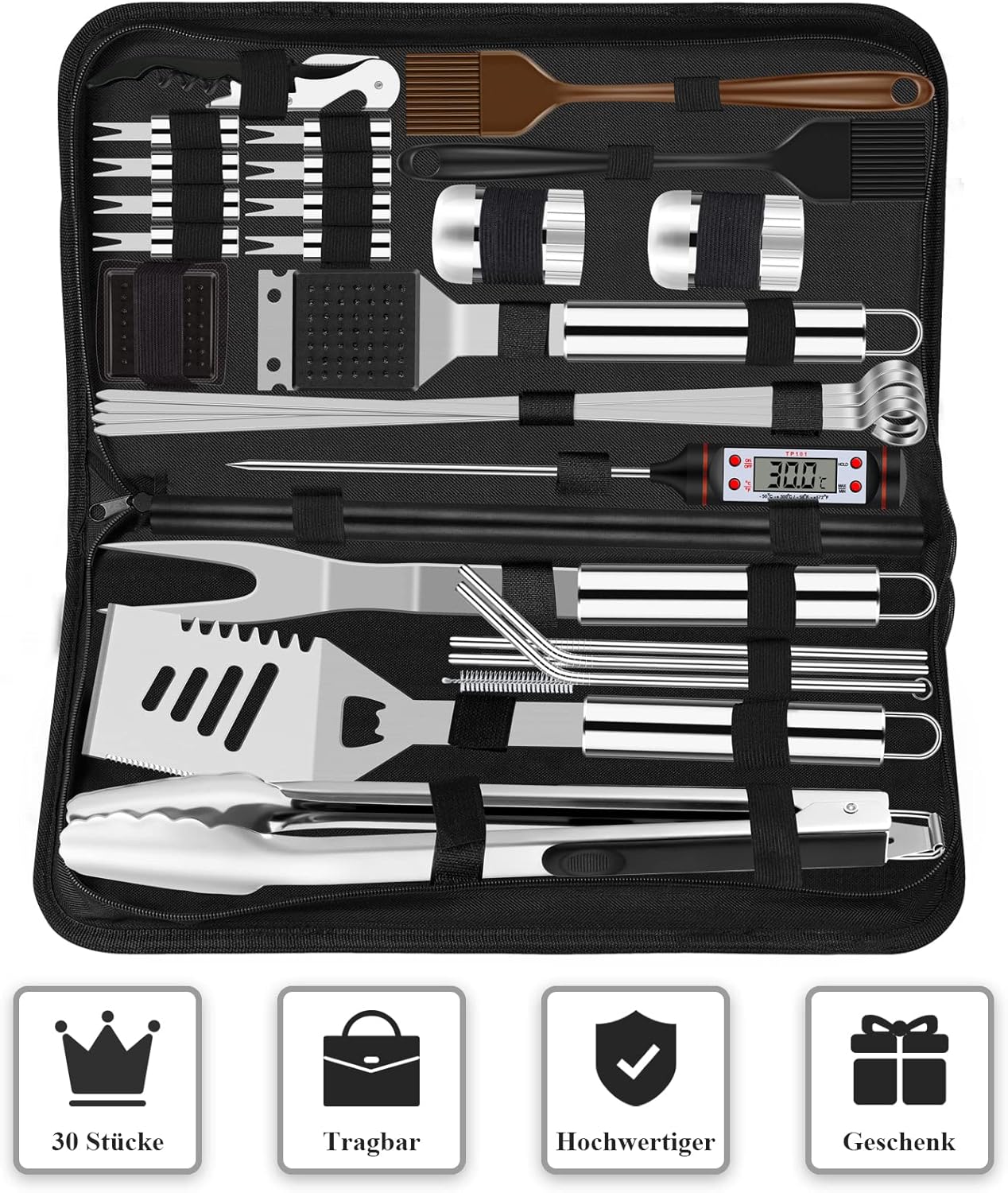 BBQ Grillbesteck Set 30 Grillzubehör aus Hochwertiger Edelstahl Grillzange Grillspachtel Korkenzieher Grillset mit Grillkoffer und Grillmatte für Männer Geschenk für Garten Camping Braun