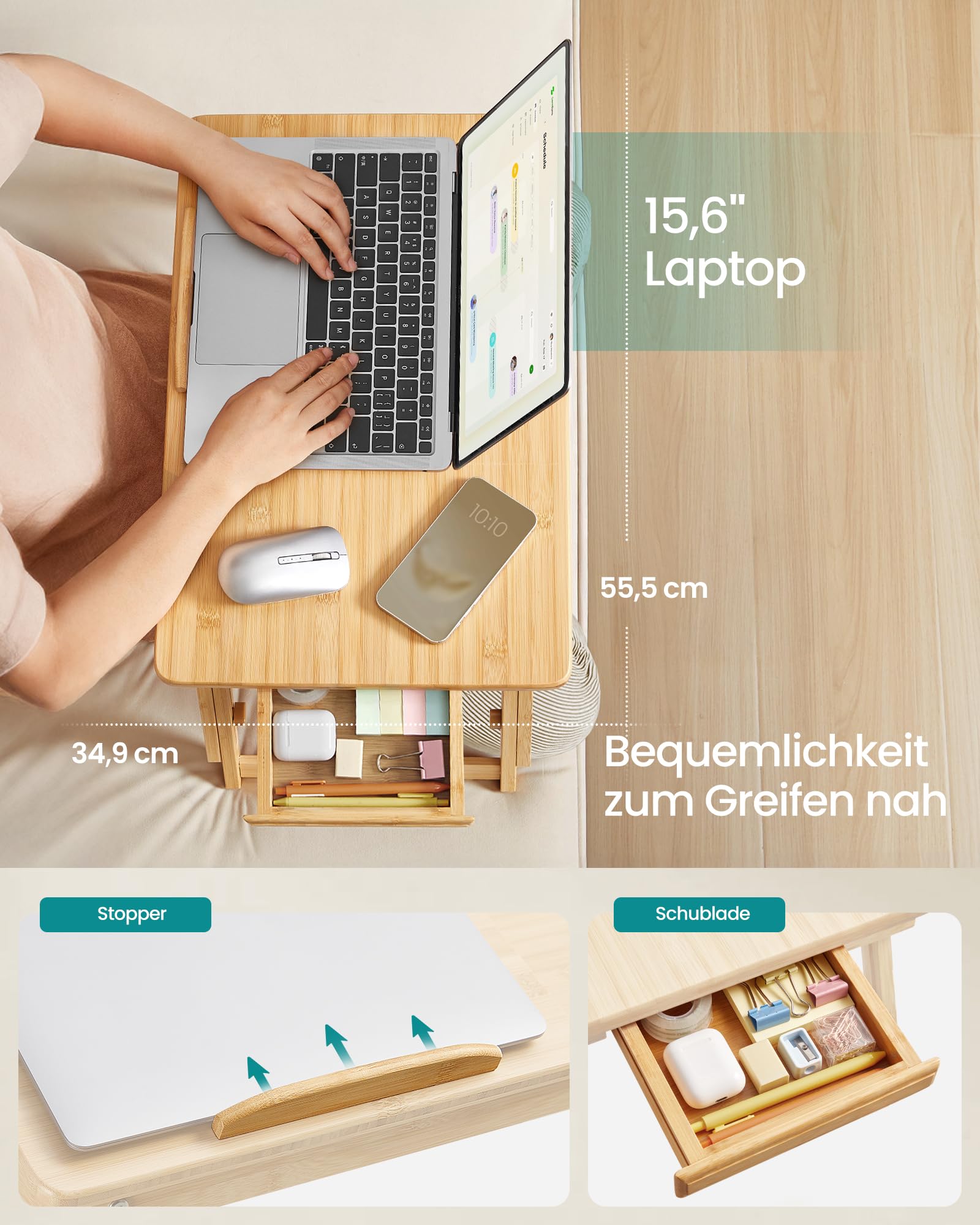 Laptoptisch für Bett, Laptopständer, Winkel- und höhenverstellbar, klappbare Beine, für Laptops bis 15,6 Zoll, Arbeiten, Lesen, Bambusbeine, Schublade, 55,5 x 34,9 cm, vintagebraun LLD105B01