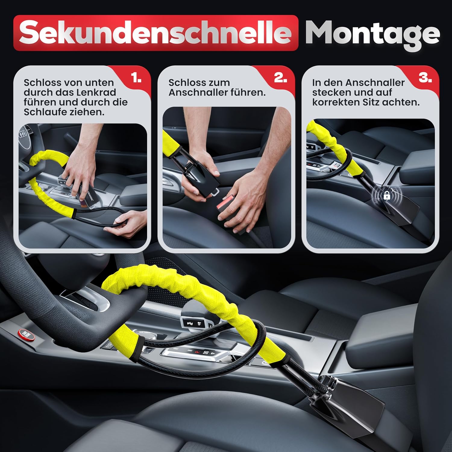 Lenkradkralle für Auto & Wohnmobil aus Metall - Universelle Passform - Lenkradschloss mit dickem Stahlseil - Wegfahrsperre Diebstahlsicherung mit 3 Sicherheitsschlüsseln
