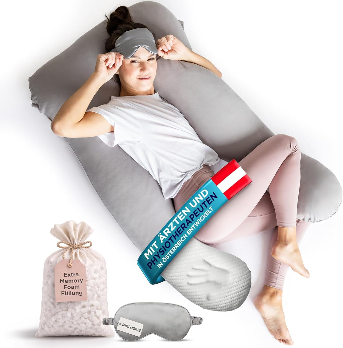 Seitenschläferkissen mit Memory Foam Füllung Individuell Anpassbar, Inkl. 100% Soft Cotton Bezug & Schlafmaske, Schwangerschaftskissen, Stillkissen, Kuschelkissen für Seitenschläfer