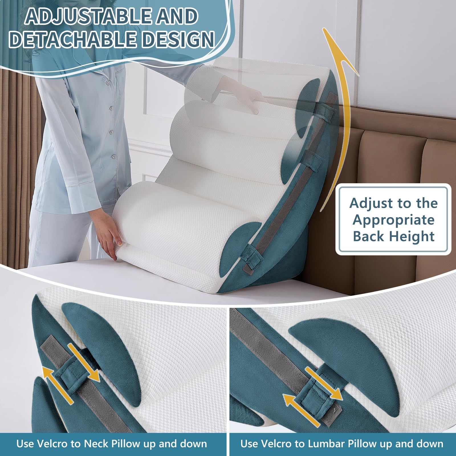 Orthopädische Bett Keil Kissen Set,Post Chirurgie Schaum Kissen für Körper, Rücken und Beine Schmerzlinderung,Justierbare Stützkissen mit Säure Reflux Bed Wedge Memory Foam Hellgrau
