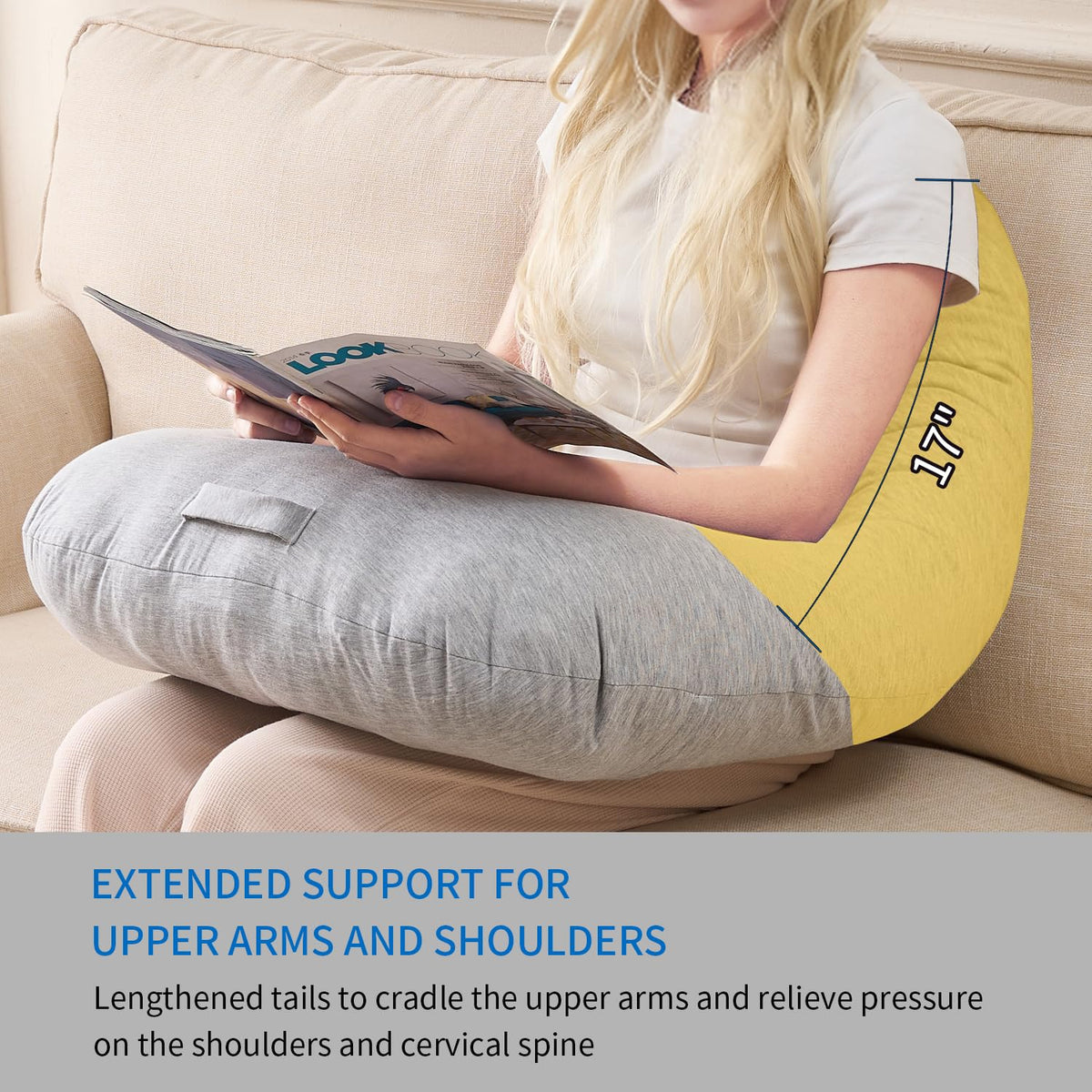 Lesekissen, ergonomische Armstütze zum Spielen, Häkeln, Laptop-Stützkissen zum Sitzen im Bett & Sofa, Haltungskorrektur-Kissen für den Schoß, Samtbezug waschbar (Soft Grau)