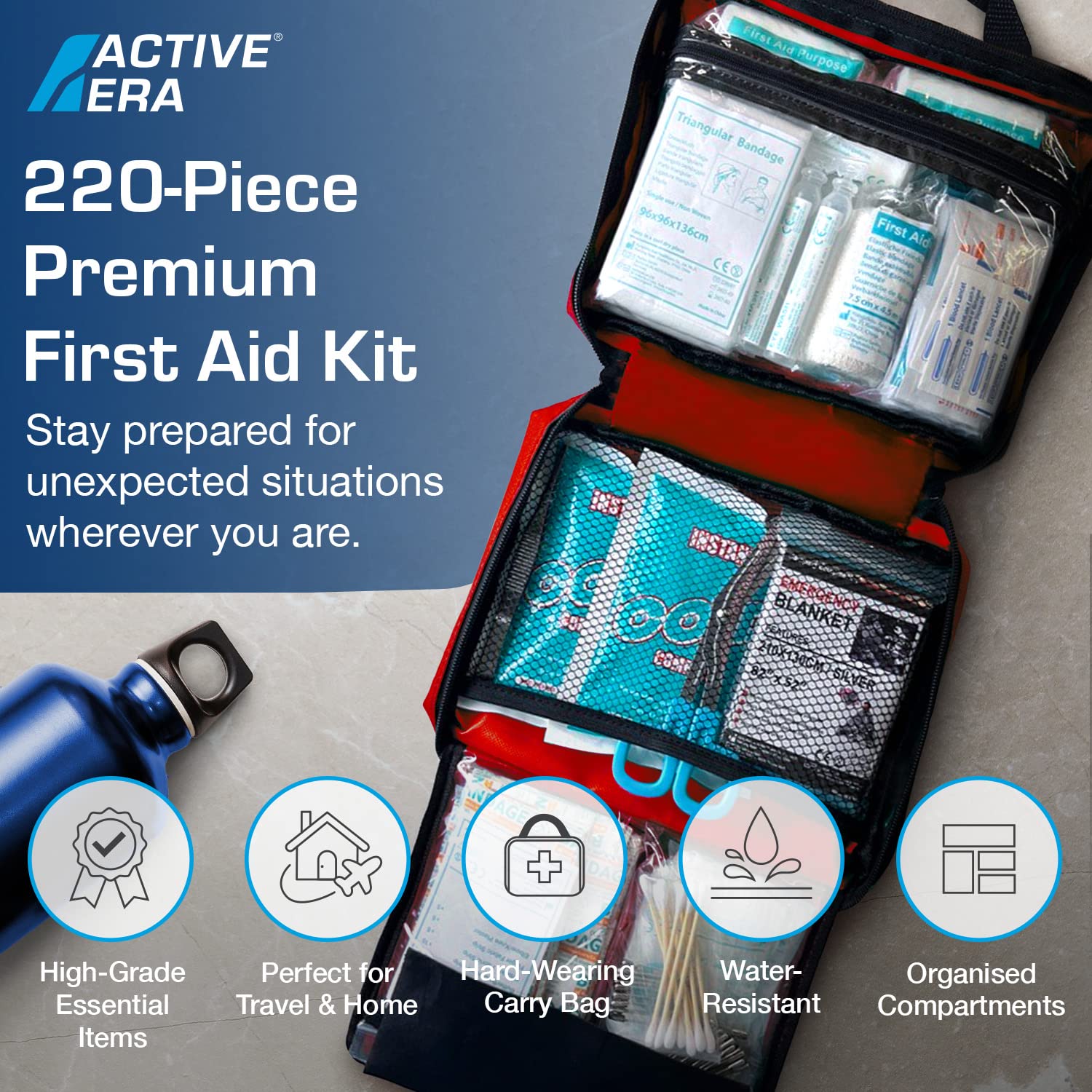 Active Era Premium Erste-Hilfe-Kit - 120-teilige Erste-Hilfe-Kit - Notfallausrüstung einschließlich Kühlpackungen, Pflaster, Rettungsdecke für zu Hause, Reisen oder als Erste-Hilfe-Kit im Freien - ISO 13485