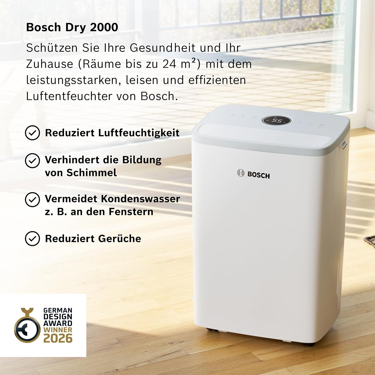 Bosch Dry, Luftentfeuchter, Für Räume bis zu 33 m² | Einfach, Effizient, Leise, Ideal für Deine Wohnung & die schnelle Trocknung Deiner Wäsche