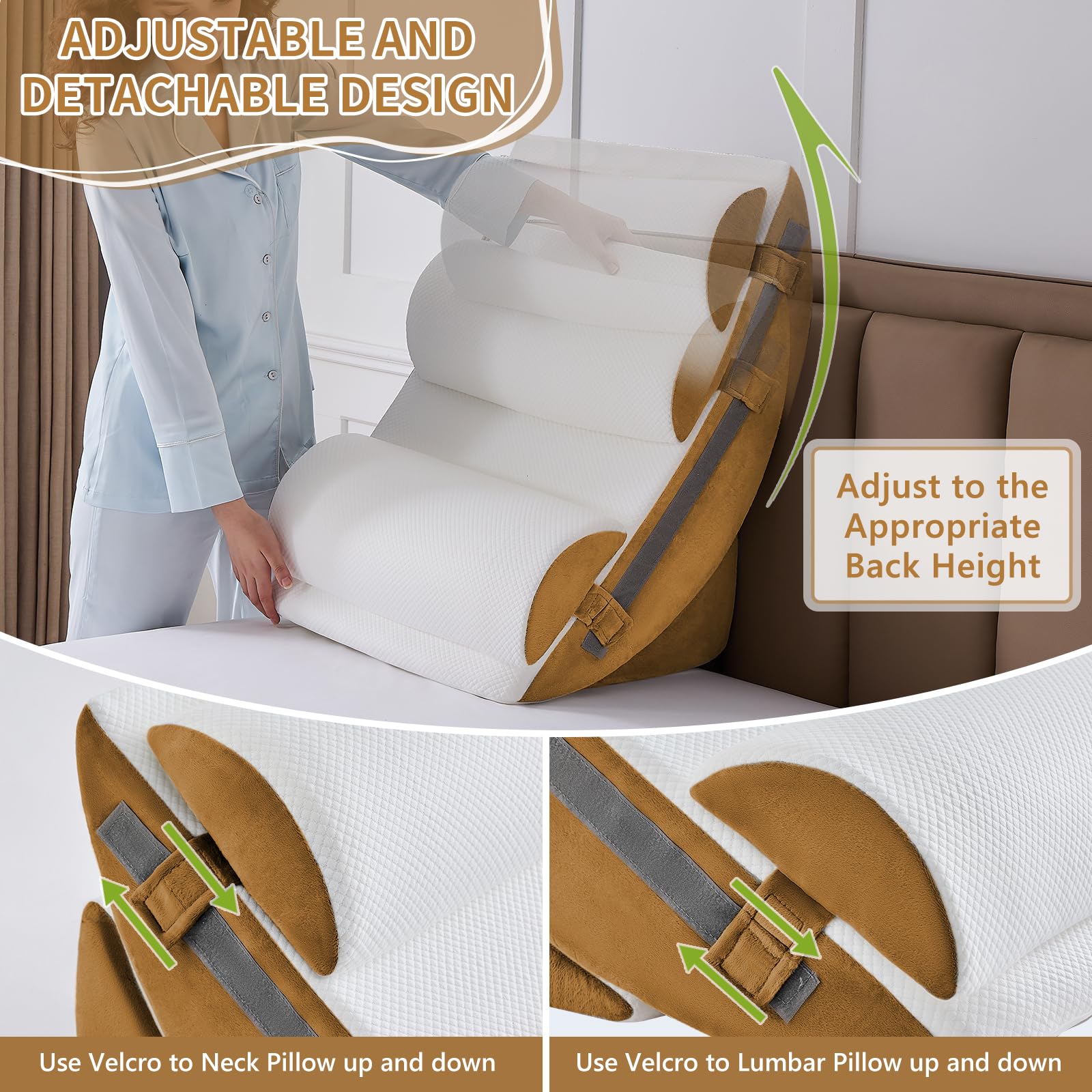 Orthopädische Bett Keil Kissen Set,Post Chirurgie Schaum Kissen für Körper, Rücken und Beine Schmerzlinderung,Justierbare Stützkissen mit Säure Reflux Bed Wedge Memory Foam Hellgrau