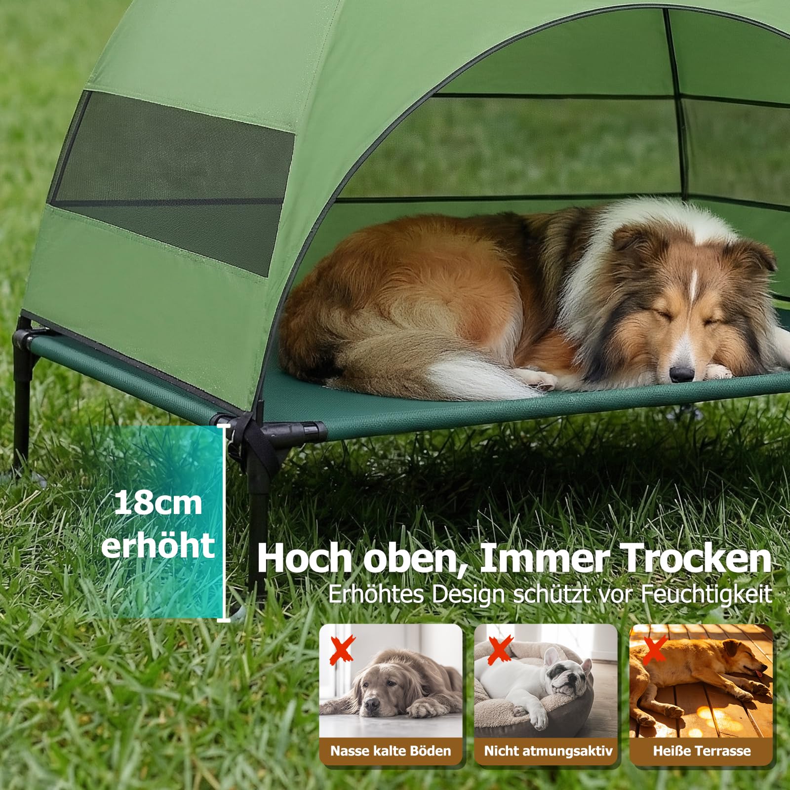 Erhöhtes Hundebett Outdoor mit UV-beständiges Dach，Hundeliege Klappbar mit Anti-Rutsch-Füßen, Hundezelt Outdoor mit Großem Schatten, Kühlendes ErhöHtes Hunde Bett für Camping, Garten & Pool (Grau, L)