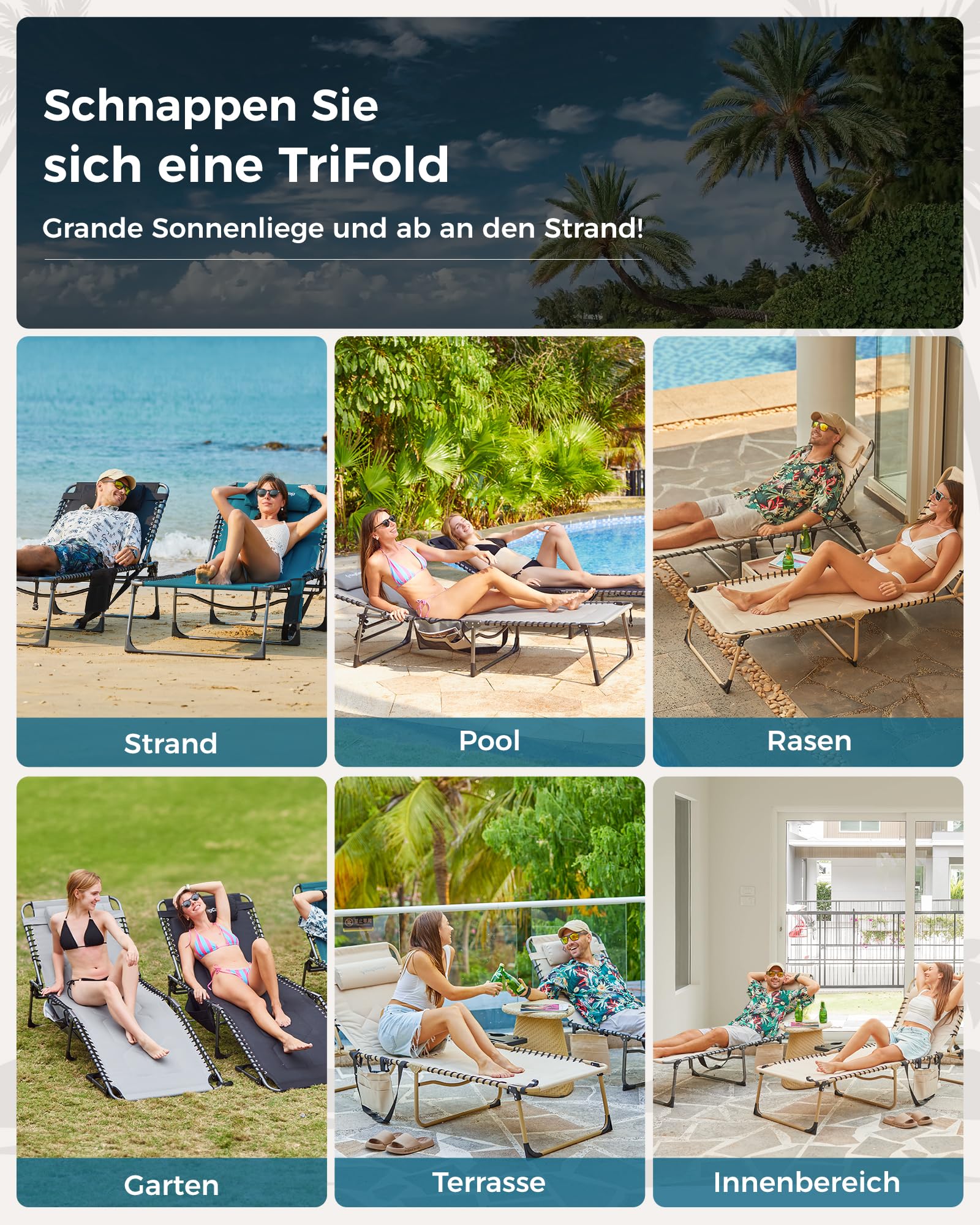 Sonnenliege Klappbar 5-Verstellbare, bis 180 kg, 2er Set, Blau | Gartenliege Klappbar, mit Kopfstütze & Seitentasche, Sonnenliege Wetterfest, Strandliege für Garten Terrasse Pool Camping