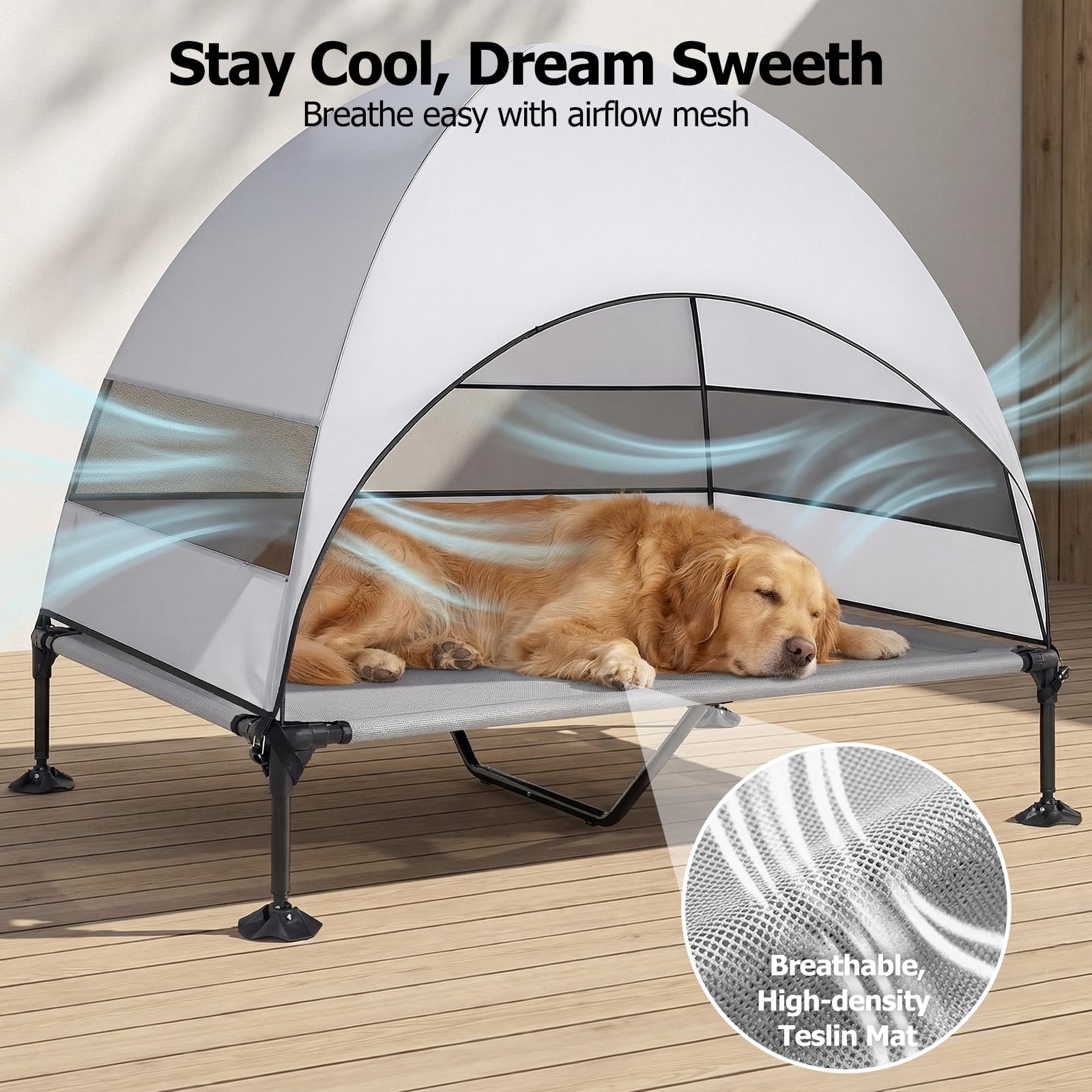 Erhöhtes Hundebett Outdoor mit UV-beständiges Dach，Hundeliege Klappbar mit Anti-Rutsch-Füßen, Hundezelt Outdoor mit Großem Schatten, Kühlendes ErhöHtes Hunde Bett für Camping, Garten & Pool (Grau, L)