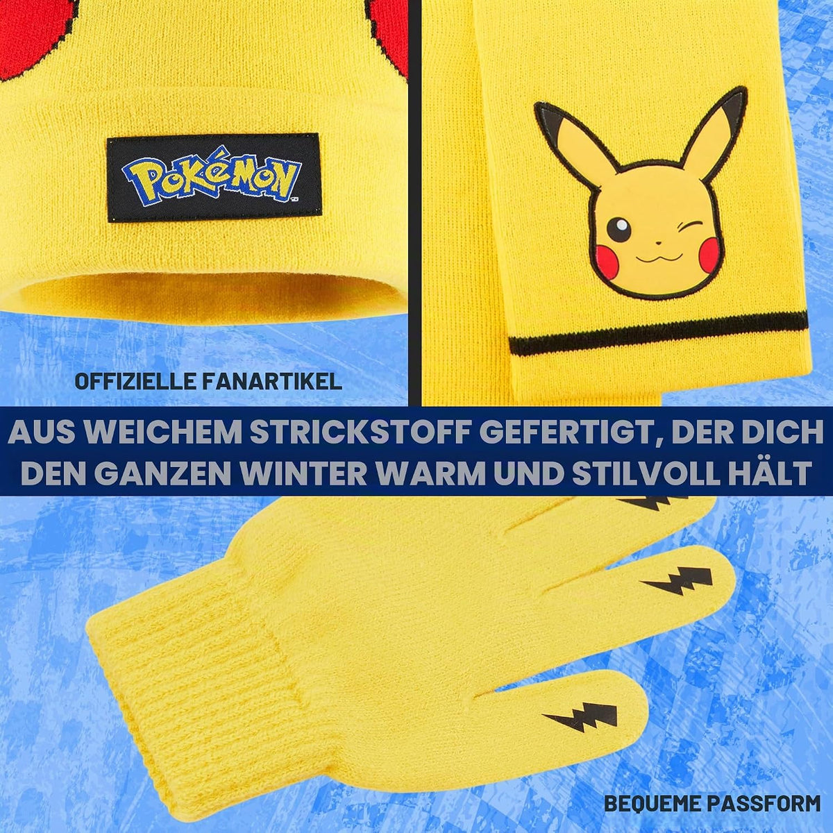 Pokemon Mütze Schal Handschuhe Set Jungen 8–10 Jahre, 3D Pikachu Beanie, Weiches Strick-Winterset, Anime Geschenke für Kinder