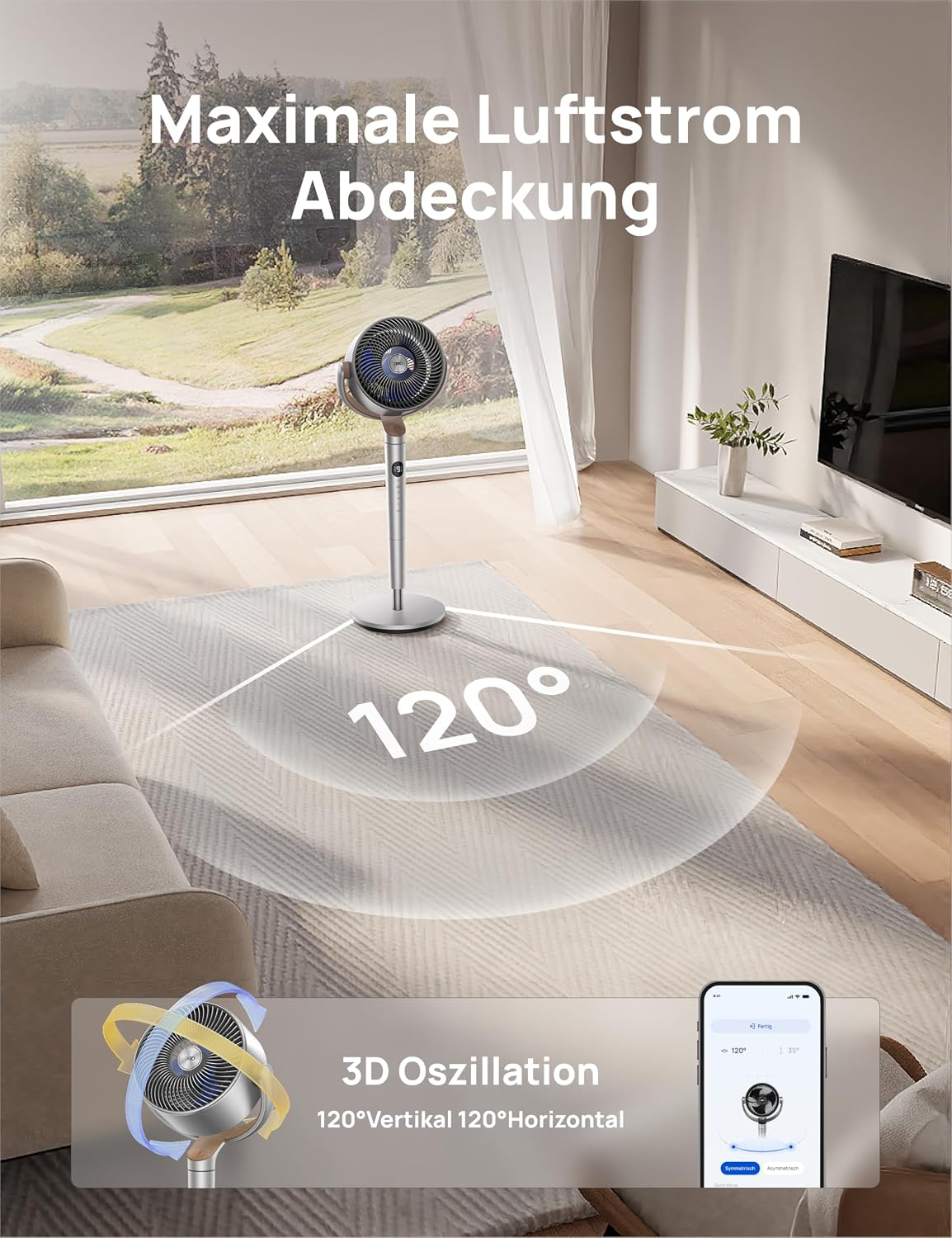 Starker Standventilator Smart mit RGB Light, 120° +120° Oszillierender Ventilator mit Fernbedienung, 20dB Leiser Bodenventilator / Turmventilator für Schlafzimmer, 8H Timer, Silber