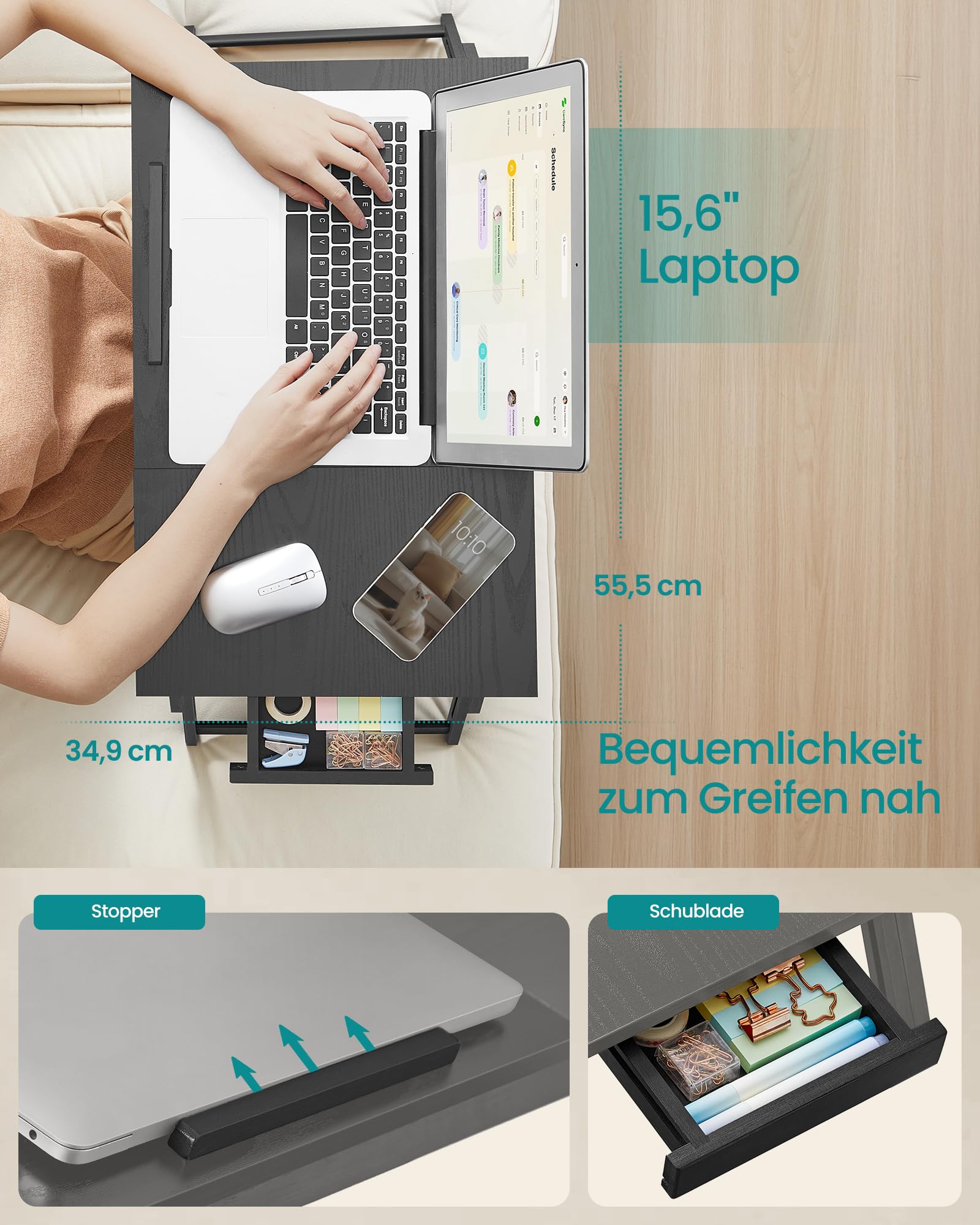 Laptoptisch für Bett, Laptopständer, Winkel- und höhenverstellbar, klappbare Beine, für Laptops bis 15,6 Zoll, Arbeiten, Lesen, Bambusbeine, Schublade, 55,5 x 34,9 cm, vintagebraun LLD105B01
