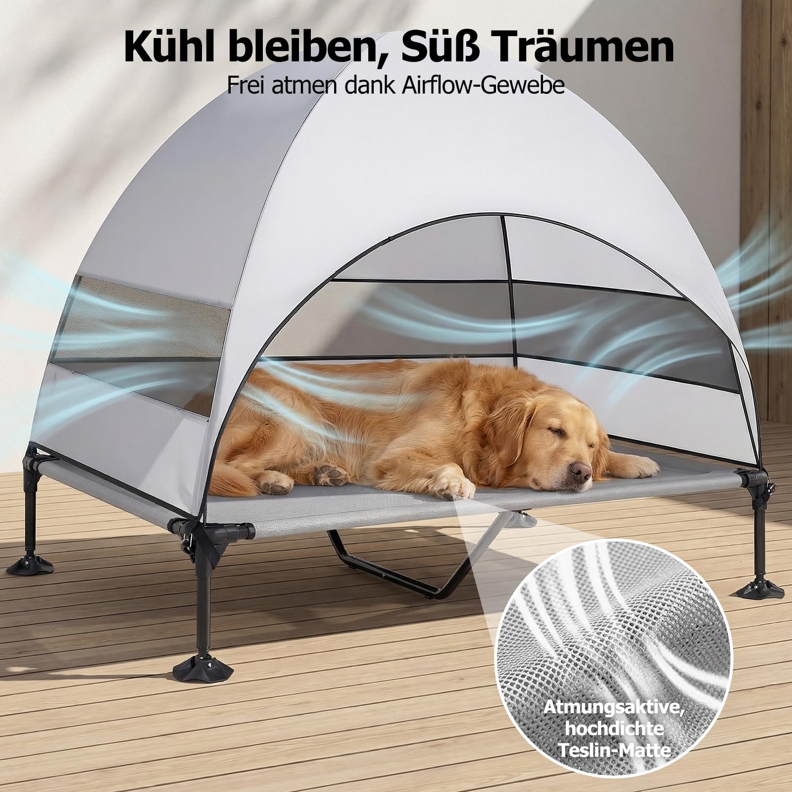 Erhöhtes Hundebett Outdoor mit UV-beständiges Dach，Hundeliege Klappbar mit Anti-Rutsch-Füßen, Hundezelt Outdoor mit Großem Schatten, Kühlendes ErhöHtes Hunde Bett für Camping, Garten & Pool (Grau, L)