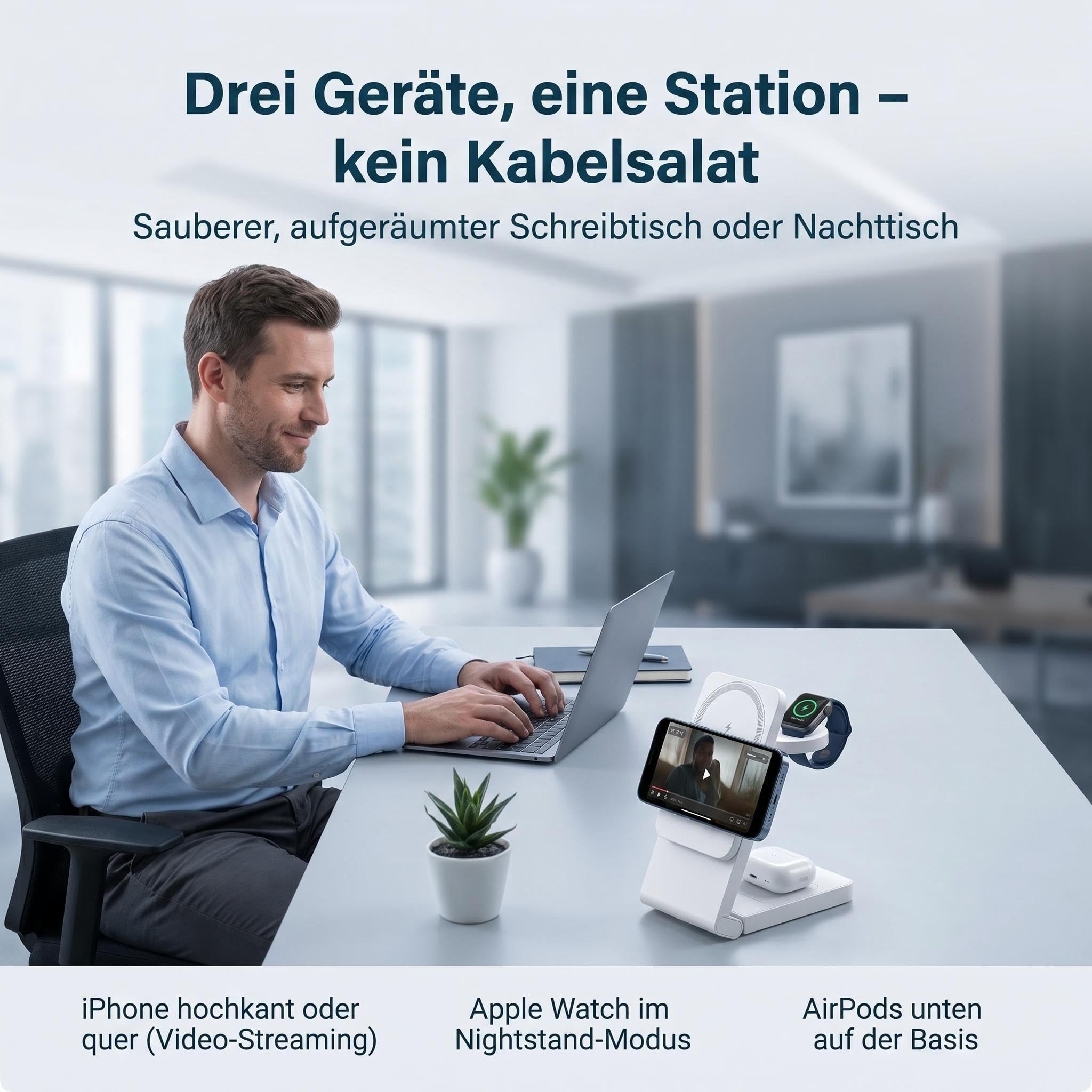 3 in 1 MagSafe Induktive Ladestation, Kabelloses Ladegerät QI2.2 | Magnet Induktionsladegerät für iPhone 12-17 Serie/Apple Watch/AirPods, Wireless Charger Stand mit 20W Adapter, Silber-Schwarz