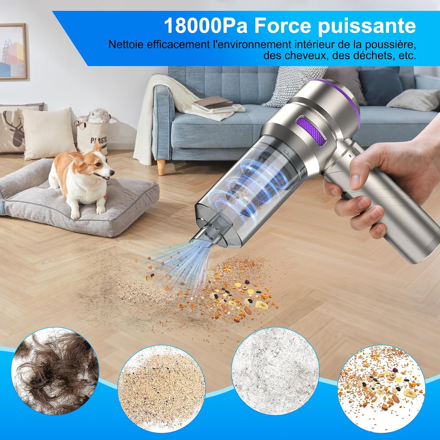 Handstaubsauger, 4-in-1 Handstaubsauger Akku kabellos, 18000Pa Autostaubsauger stark mit bürstenlosem Motor, 3-Gang Mini Staubsauger für Büro, Zuhause, Küche, Haustierhaar