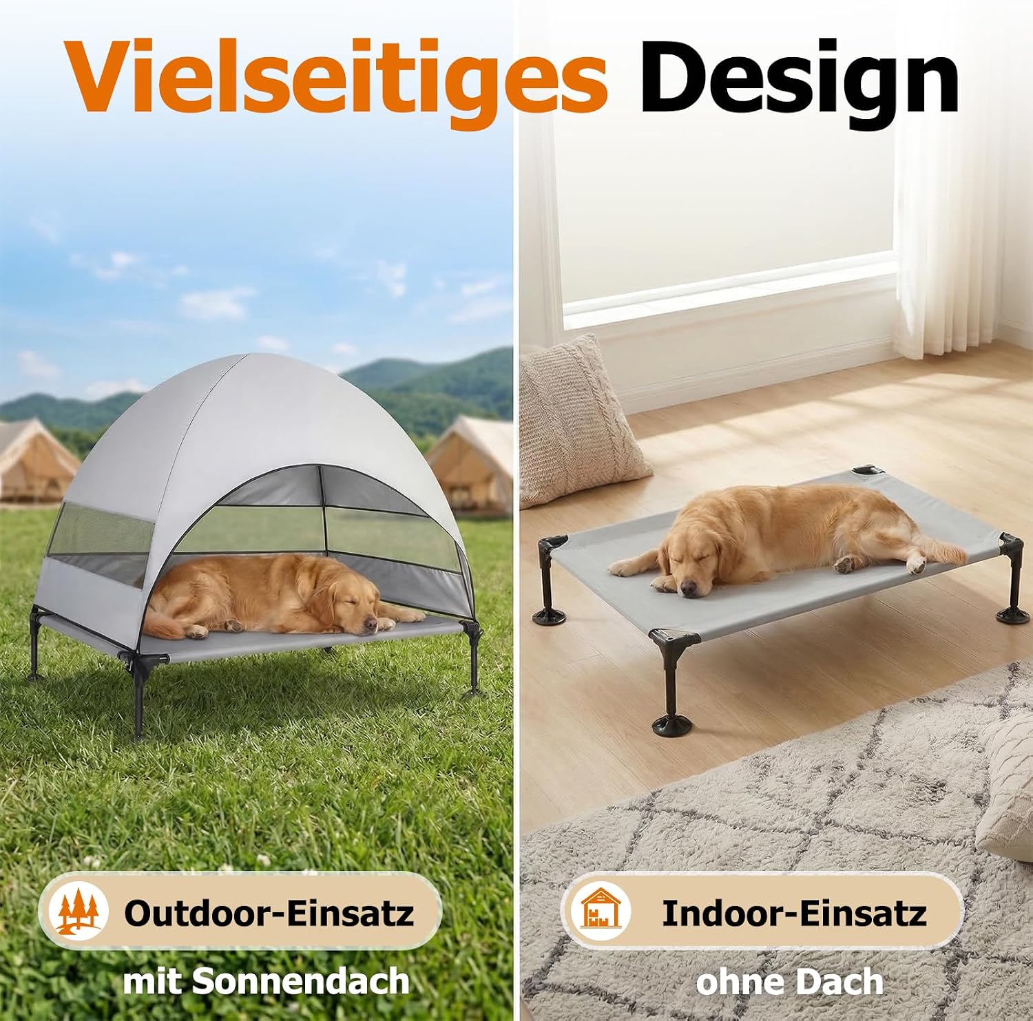 Erhöhtes Hundebett Outdoor mit UV-beständiges Dach，Hundeliege Klappbar mit Anti-Rutsch-Füßen, Hundezelt Outdoor mit Großem Schatten, Kühlendes ErhöHtes Hunde Bett für Camping, Garten & Pool (Grau, L)