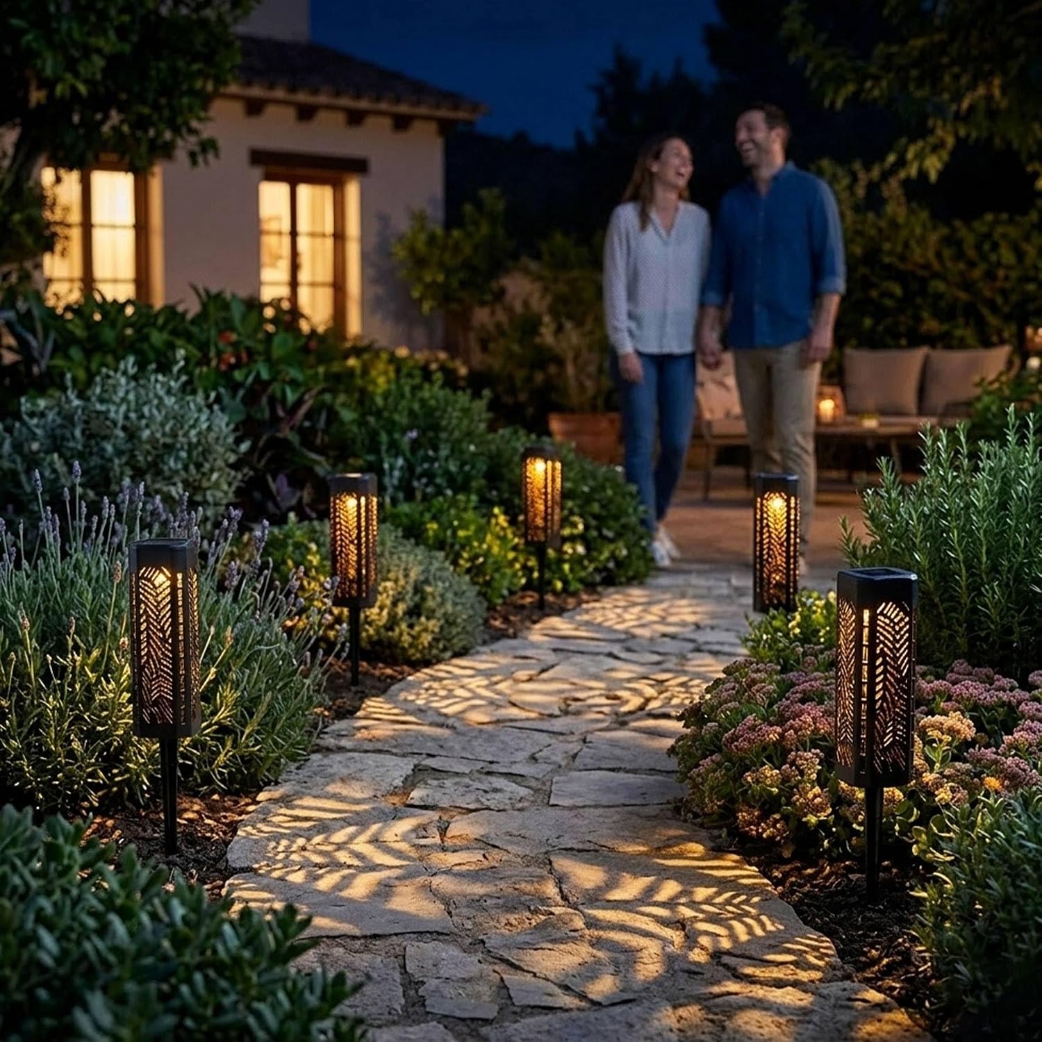 4 x LED-Solarleuchten, 6 x 6 x 20 cm, aus schwarzem Polypropylen, mit AAA-Batterie, wiederaufladbar und Schalter