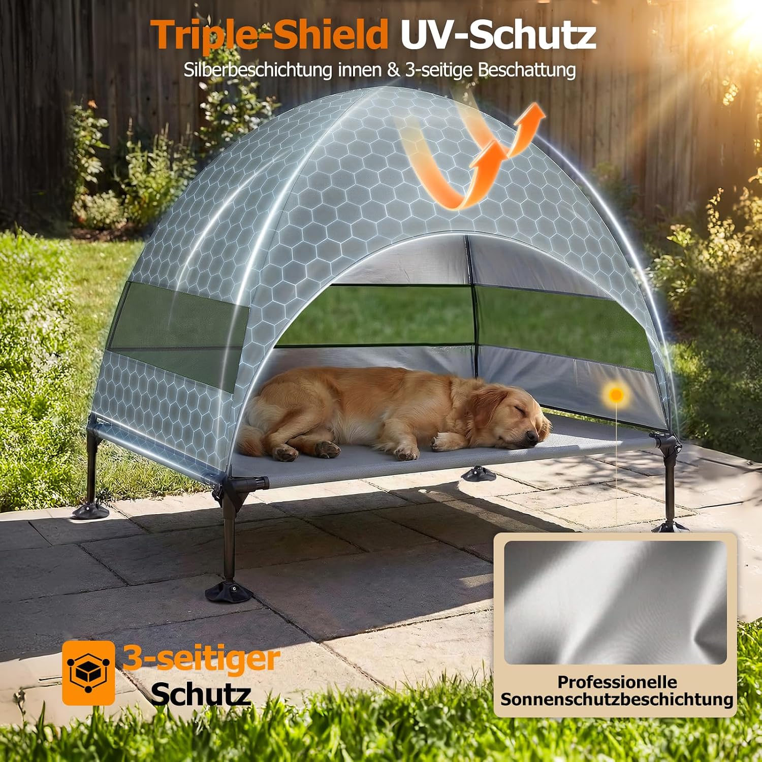 Erhöhtes Hundebett Outdoor mit UV-beständiges Dach，Hundeliege Klappbar mit Anti-Rutsch-Füßen, Hundezelt Outdoor mit Großem Schatten, Kühlendes ErhöHtes Hunde Bett für Camping, Garten & Pool (Grau, L)