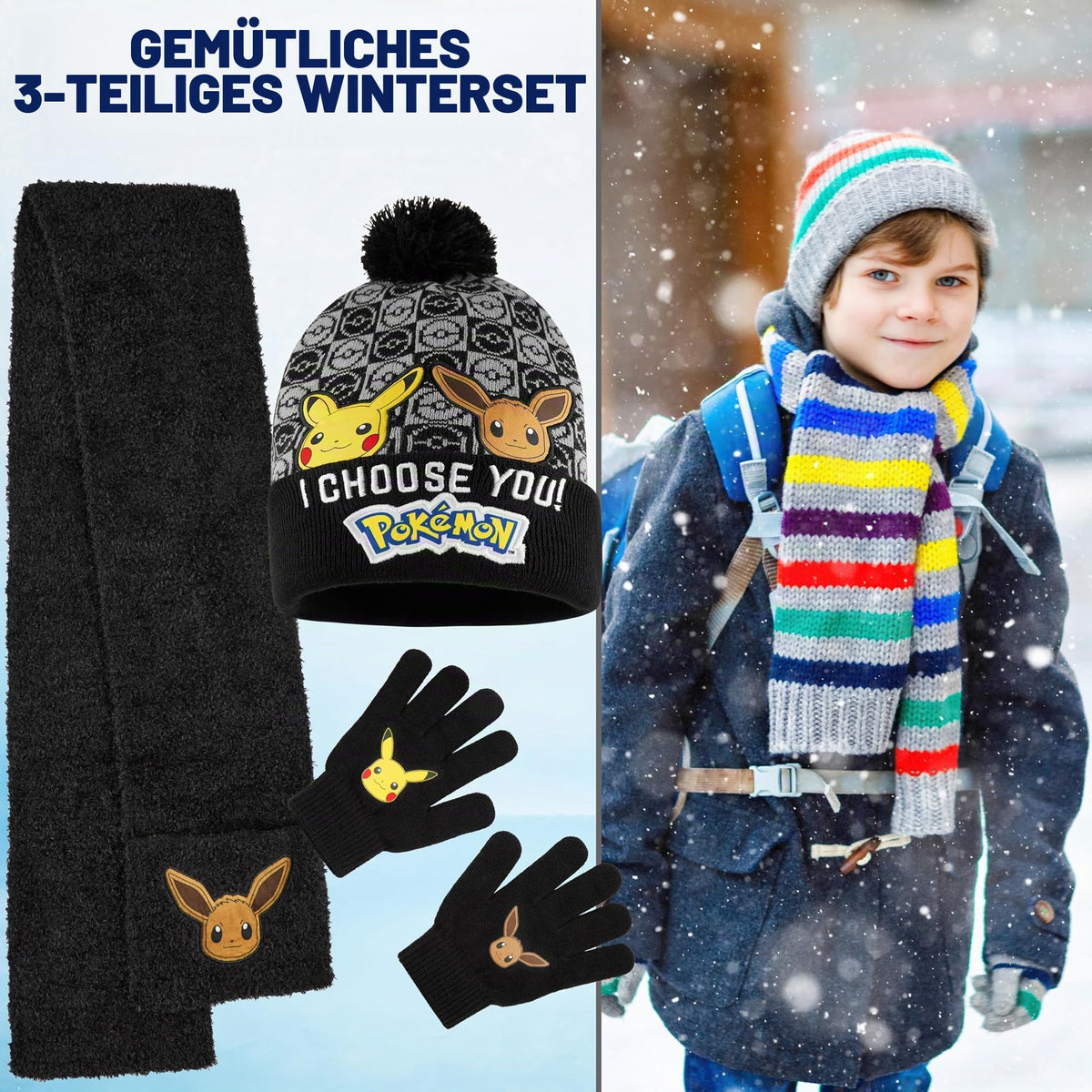 Pokemon Mütze, Schal & Handschuhe Jungen 4-12 Jahre, 3 Stück Warme Kinder Winter Set für kalte Tage, Anime Geschenke für Jungen
