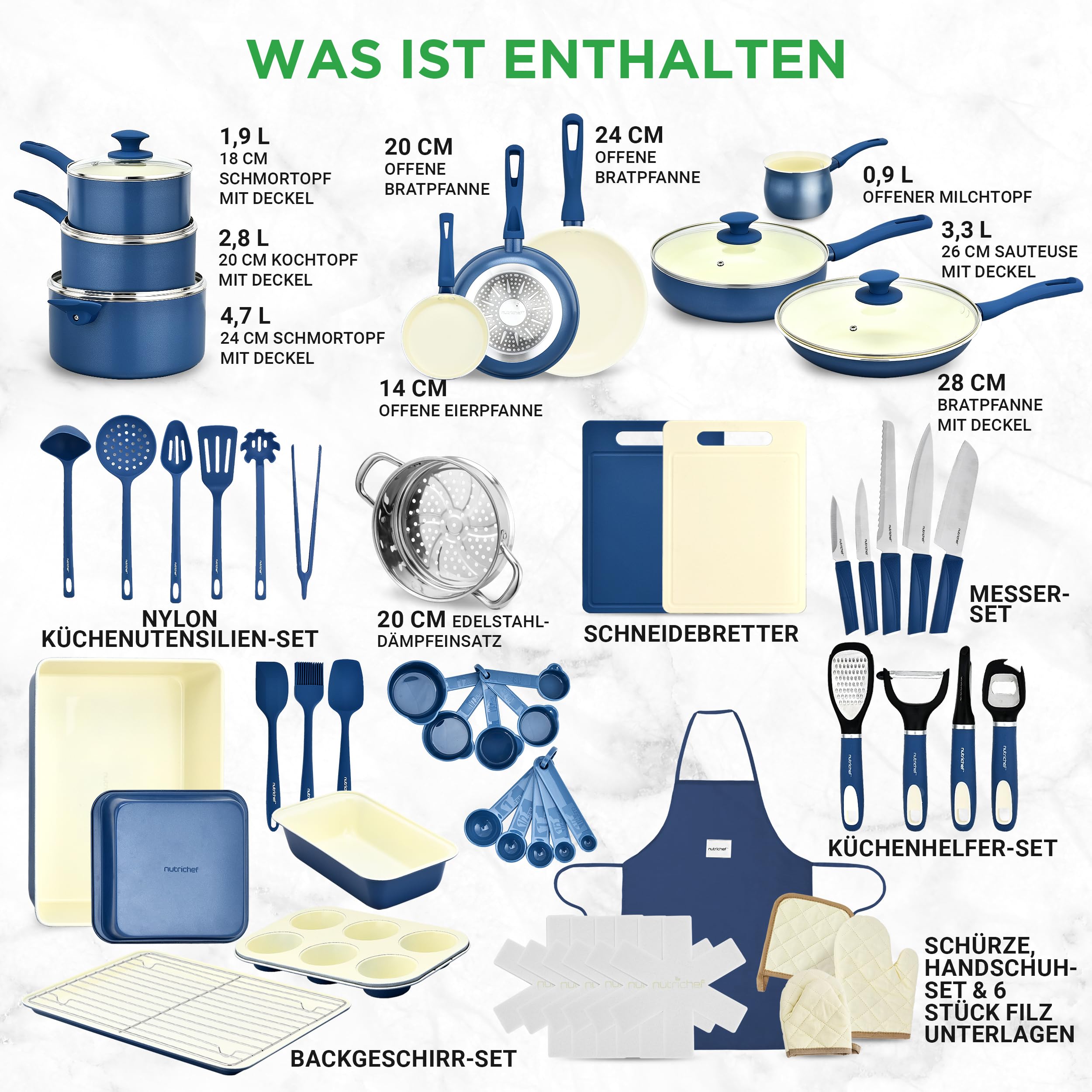 Topfset & Pfannenset - 54-teiliges Non-Stick-Kochgeschirr - Enthält Küchenutensilien, Backschale, Messer / Für Induktion, Gas & Elektrisch / Gesundes & Fettfreies Kochen