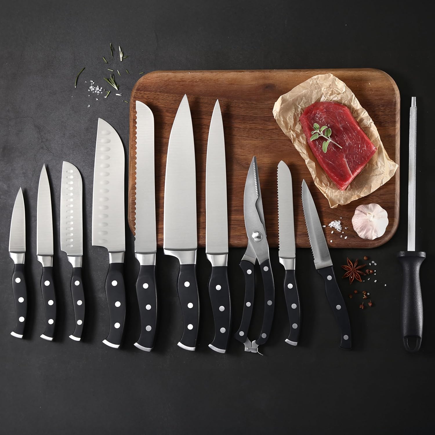 19-teiliges Premium-Küchenmesserset mit Holzblock, Master Maison Besteck aus deutschem Edelstahl mit Messerschärfer und 8 Steakmessern