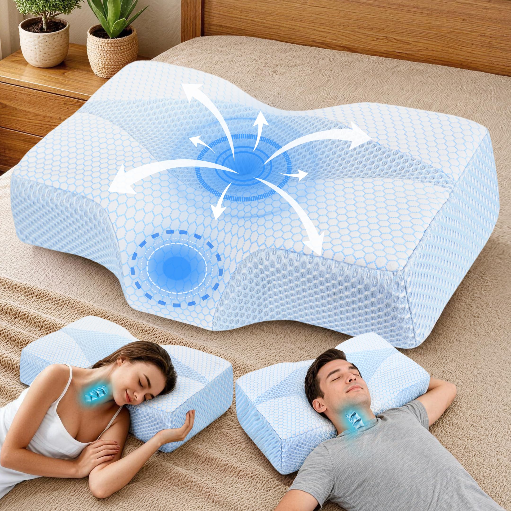Nackenstützkissen gegen Nackenschmerzen, orthopädisches Kopfkissen, ergonomisches Memory Foam Nackenkissen mit 2 Höhen, Hohlraum & kühlendem Bezug, für Seiten- und Rückenschläfer