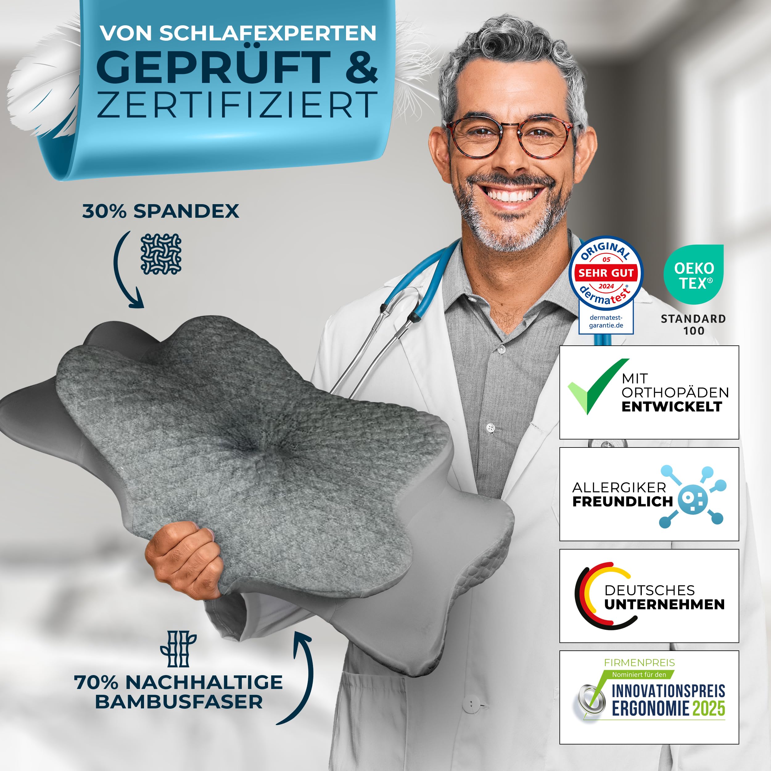 Orthopädisches Kissen (Zertifiziert für alle Schlaftypen) Kopfkissen Nackenschmerzen aus Memory Foam | Nackenstützkissen Ergonomisches Kopf-Kissen Seitenschläferkissen Weiß