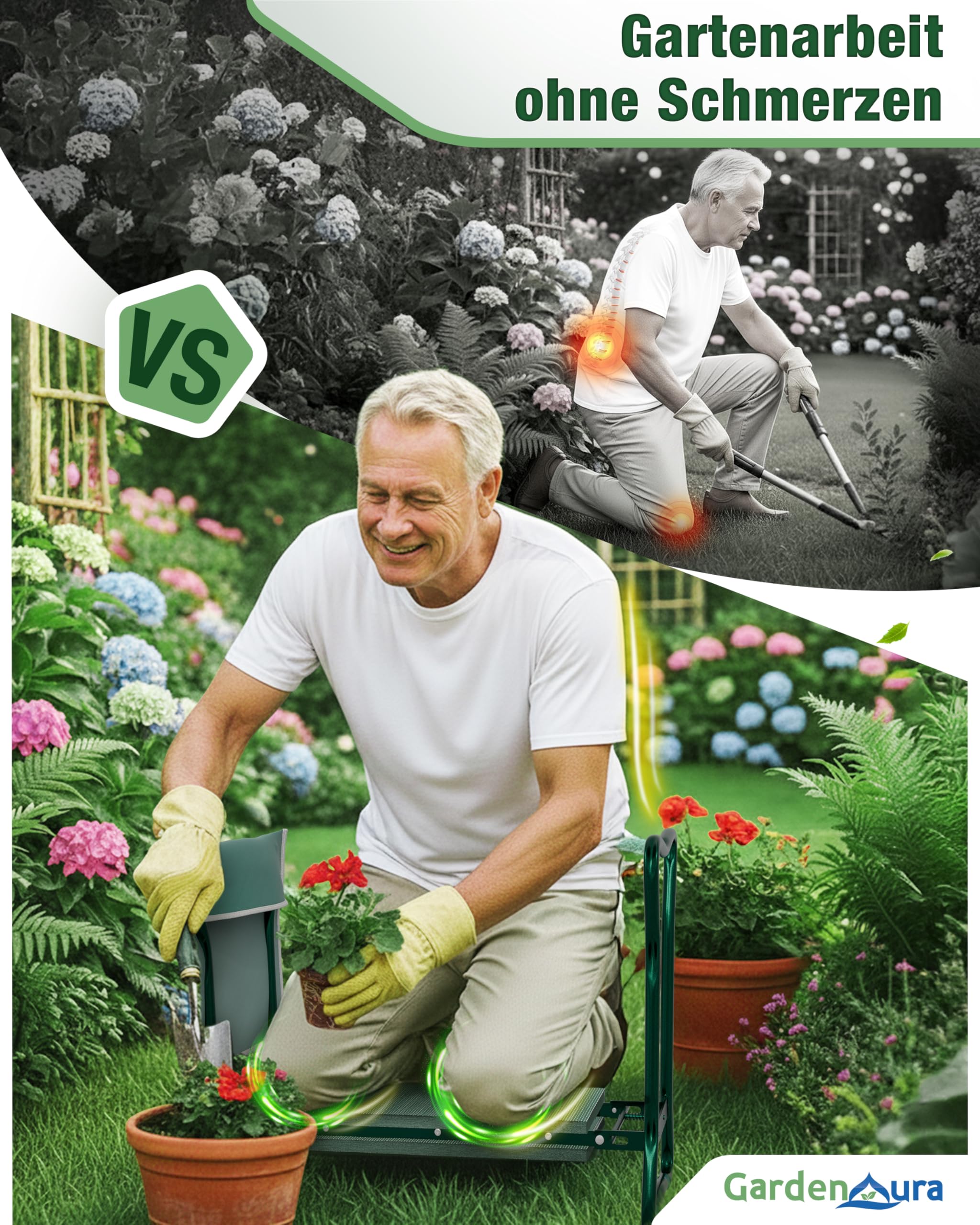 Kniebank für Gartenarbeit - Gartenhocker mit Werkzeugtasche - Garten Kniebank Rücken- und Gelenkschonend bis 150kg belastbar - Gartenhocker klappbar für idealen Knie Komfort