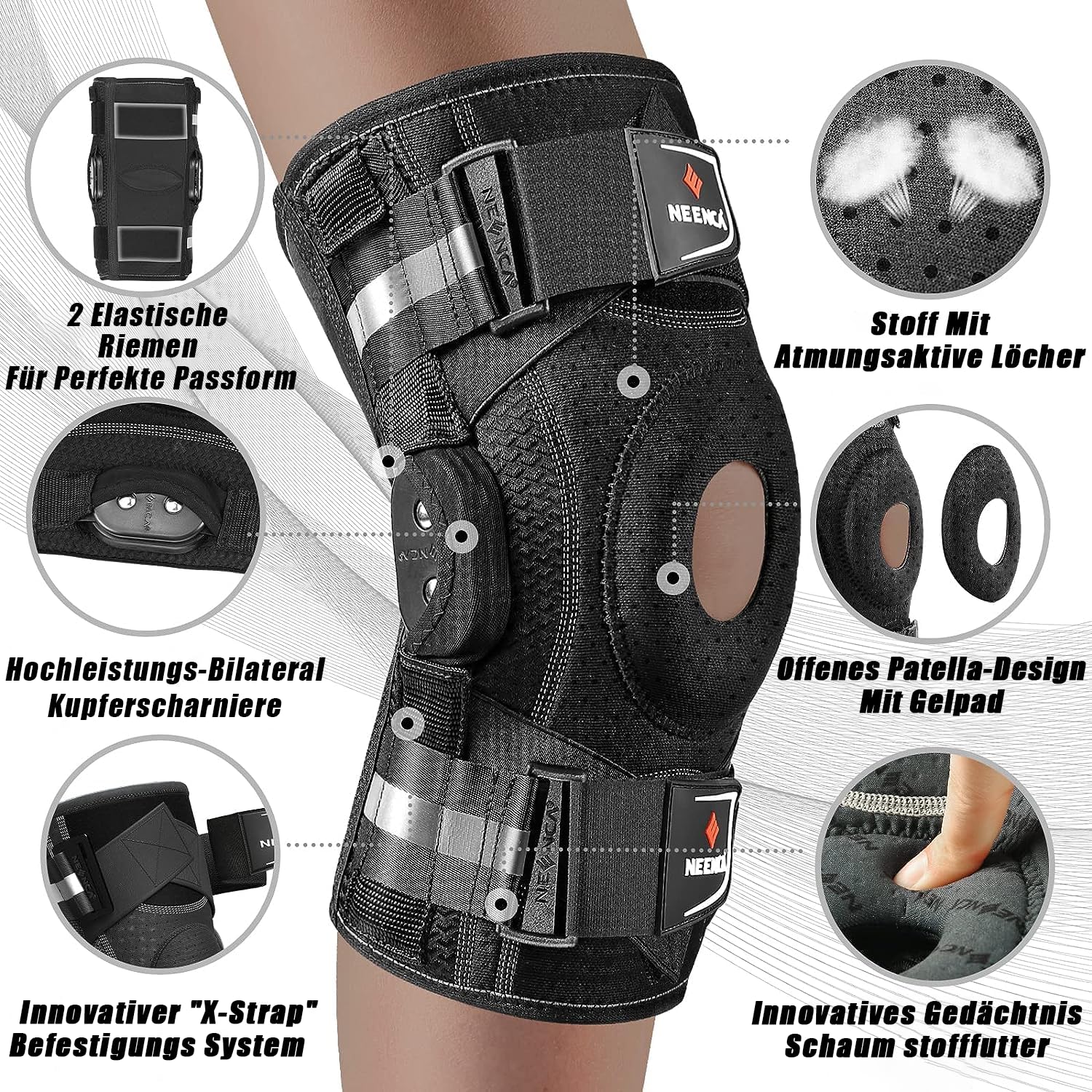 Kniebandage gegen Knieschmerzen, Kniestütze mit Scharnier und patentiertem X-Strap Befestigungssystem, starke Stabilität zur Schmerzlinderung, bei Arthritis, Meniskusriss, ACL, PCL, MCL