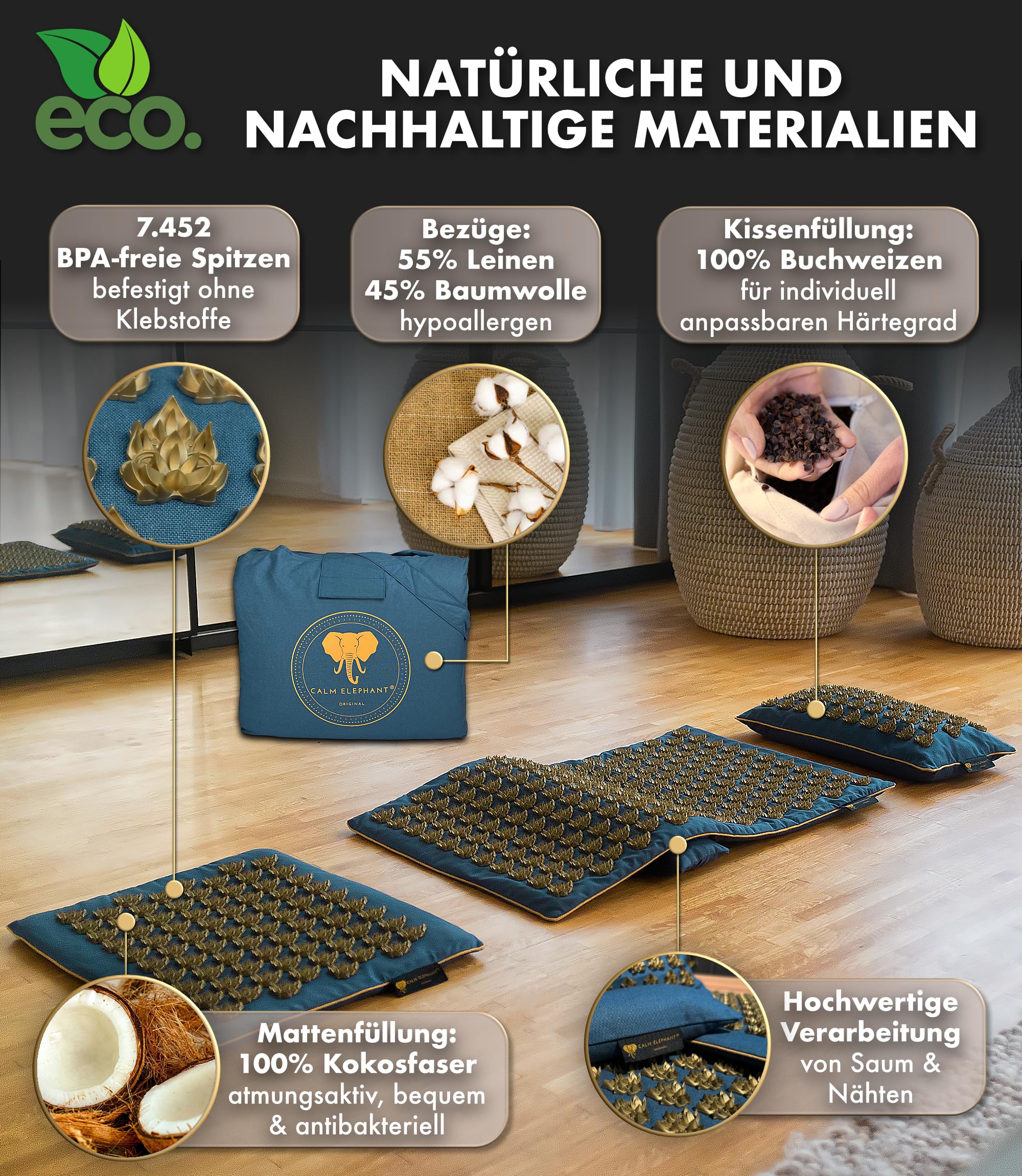 Echte Akupressurmatte mit Kissen XXL Set aus 5 Massagematten Rückenspannung Entlastung Akupunkturmatte mit Wärmefunktion, Lumbalkissen, Doormatte & Tasche, Grau