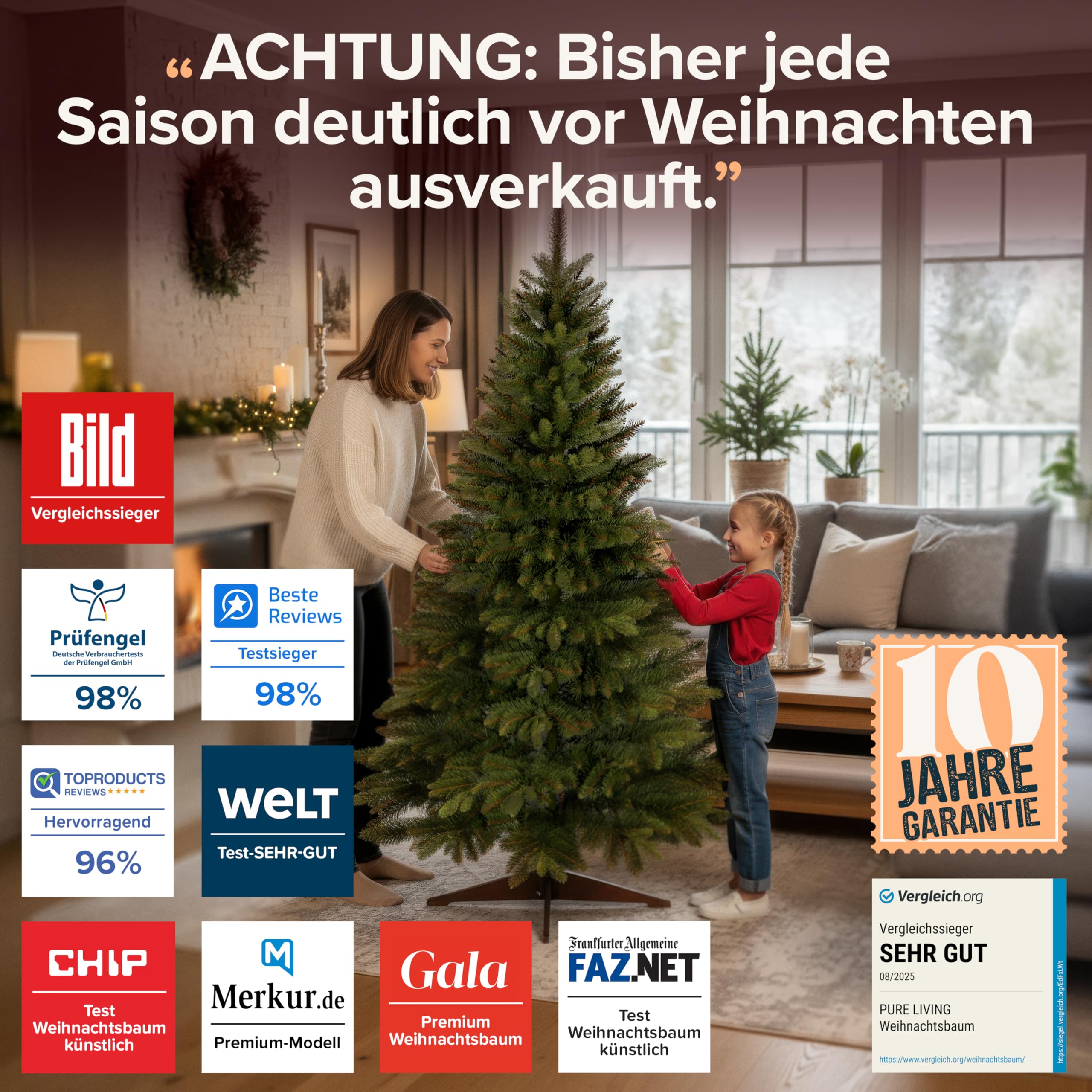 Künstlicher Weihnachtsbaum - Lebensähnlich, besonders dichte Äste, einfache Montage, Made in EU - Premium-Weihnachtsbaum mit Holzständer, Aufbewahrungstasche - Eleganter Nordmann Tannenbaum / Varianten Auswahl - Restposten Neu & OVP!