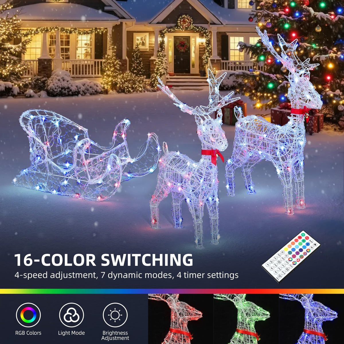 LED Rentier, Beleuchtet Weihnachtshirsch mit 120 RGB-LEDs und Fernbedienung, 89 Modi, Weihnachtsdekoration mit abnehmbarem Geweih und Halsteil für Haus, Hof und Garten (62x19x118cm)