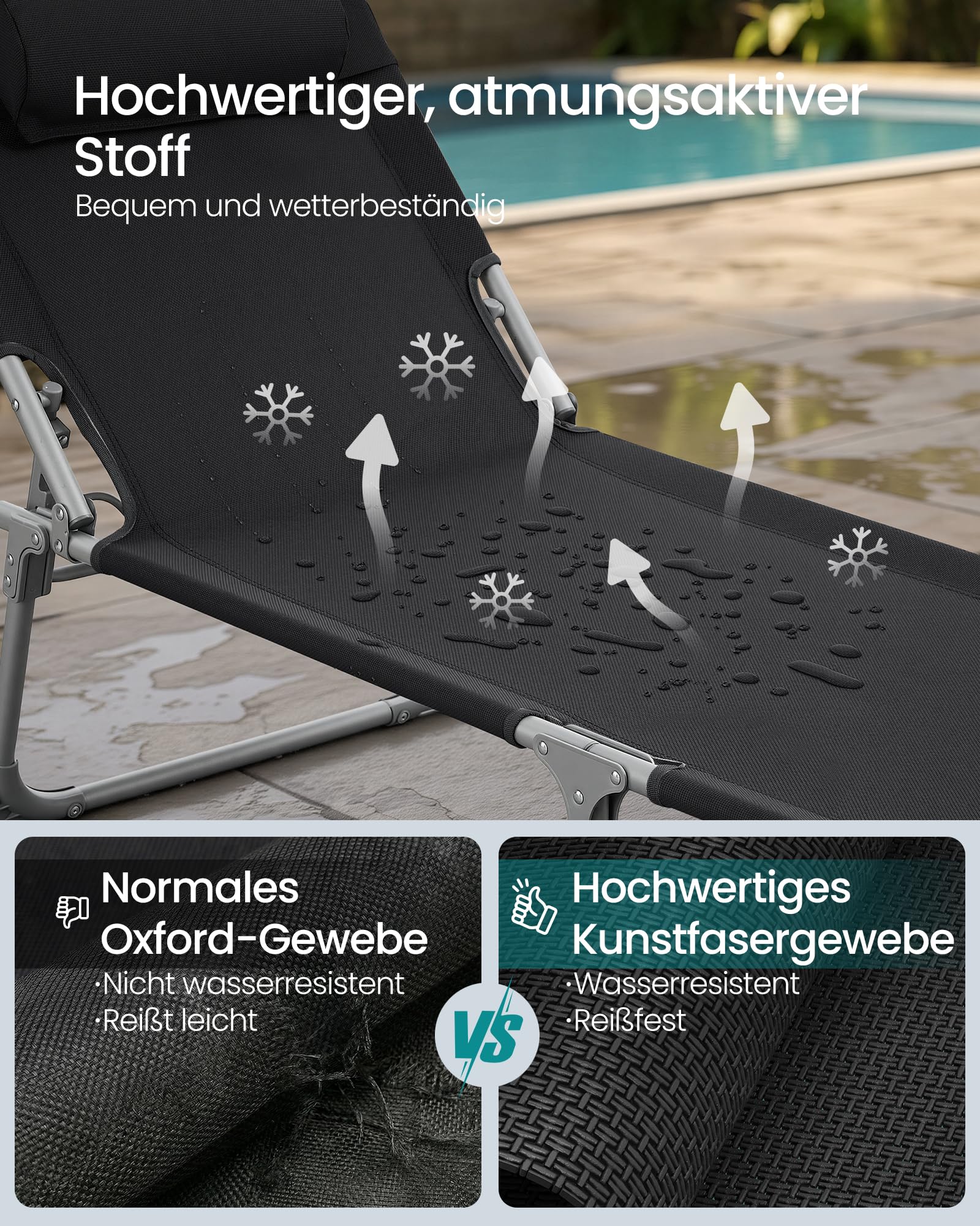 Sonnenliege, klappbarer Liegestuhl, 193 x 53 x 29 cm, trägt bis zu 150 kg, Sonnenschutz, Kopfkissen, verstellbare Rückenlehne, für Garten, Pool, Terrasse