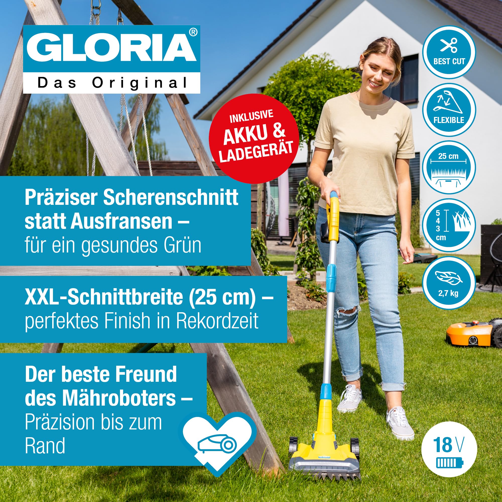 Rasentrimmer & Kantenschneider FineCut Varianten 18V Set | 25 cm Schnittbreite für Rasenkanten & kleine Gärten | inkl. Bosch Akku & Ladegerät | Ideal als Ergänzung zum Mähroboter, Gelb und Blau, Auswahl Varianten