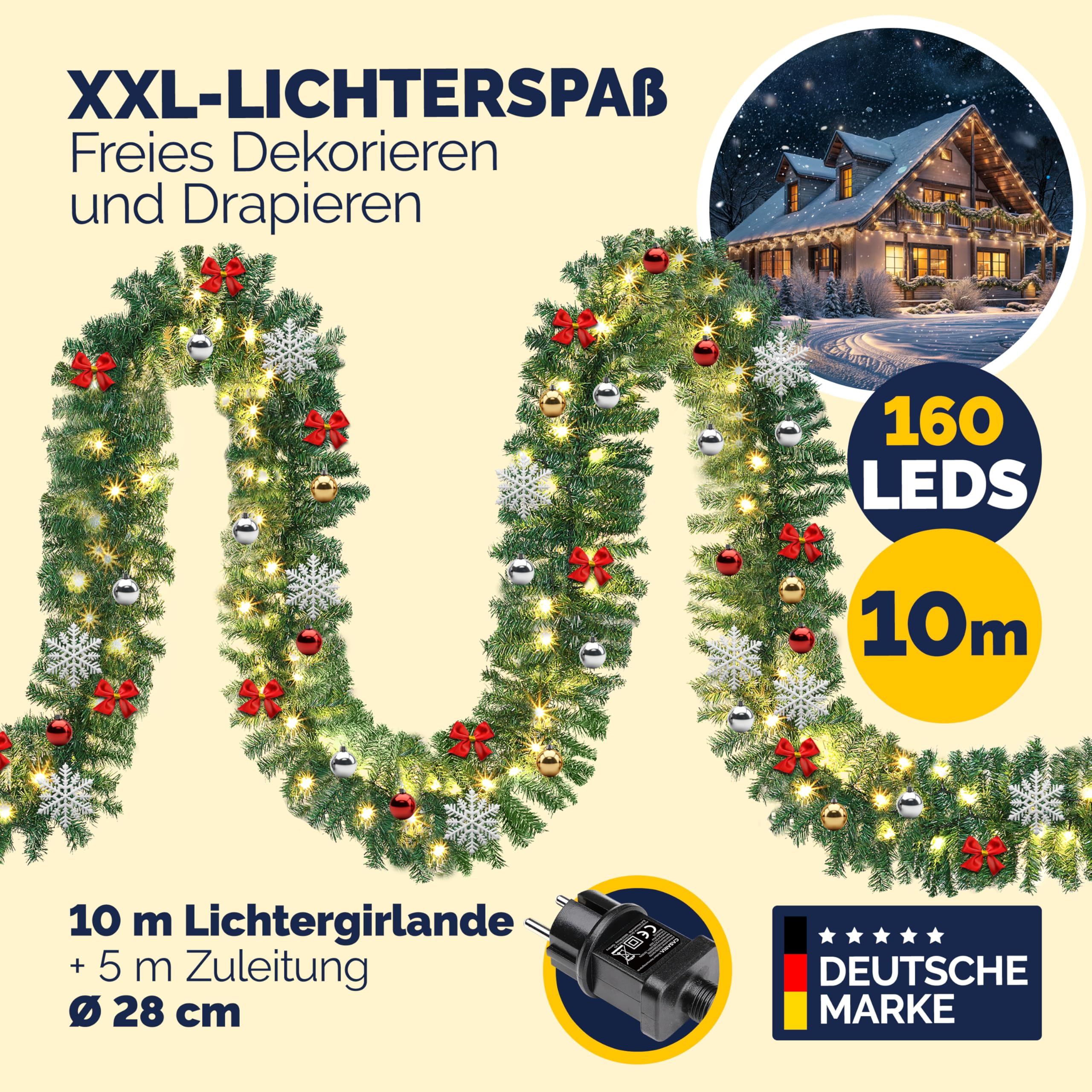 Weihnachtsgirlande mit Beleuchtungsdekoration, 80 LEDs Beleuchtetes Innen- und Außengrün Weihnachtsdekoration, Weihnachtsgirlande, Tannengirlande - Warmes Weiß