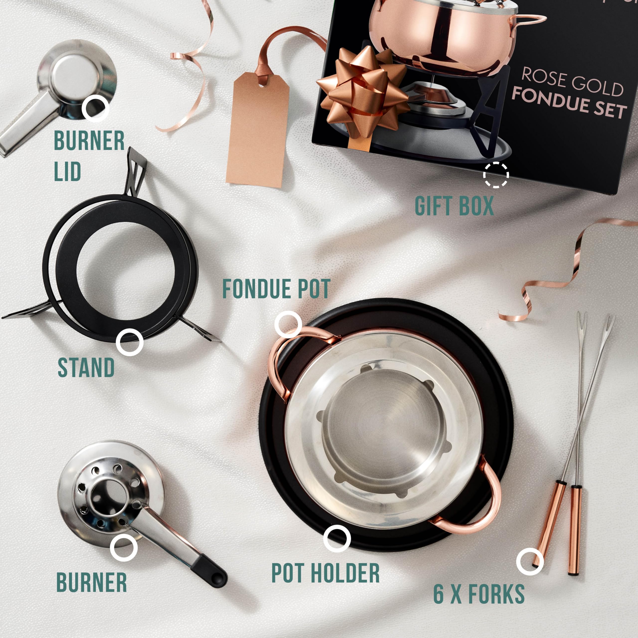 10-teilige Premium-Fondue aus Edelstahl für 6 Personen - Elegantes Silber - Schokolade, Käse, Fleisch - Robust & Chic - Geschenkset für Valentinstag/Geburtstag/Jubiläum