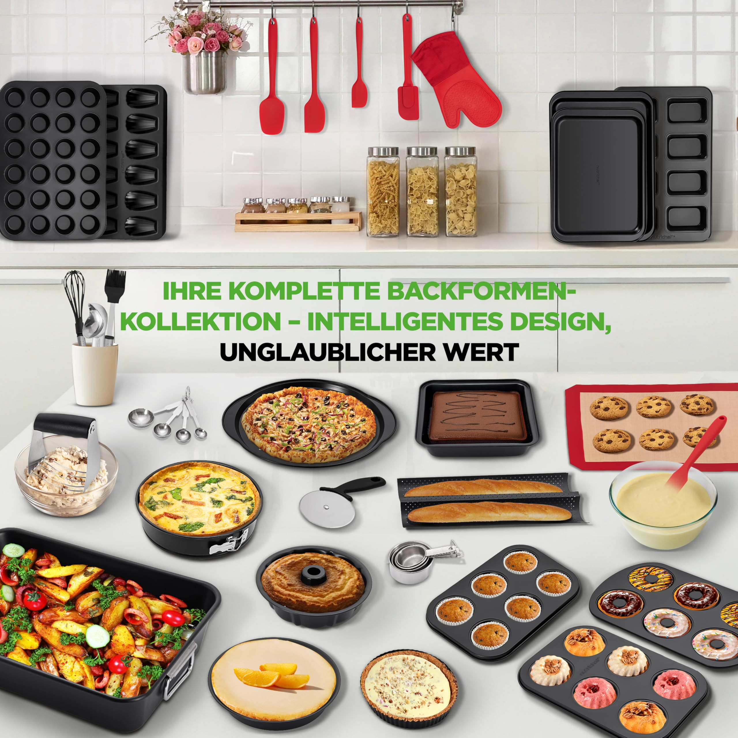 Töpfe & Pfannen Set, 21-teiliges Anti-Stick-Kochen und Backset mit Muffinform, Brot & Pizza Tray, Utensils, für Gas, Elektrik & Keramik, für moderne Haushalte und Hobbybäcker, Schwarz
