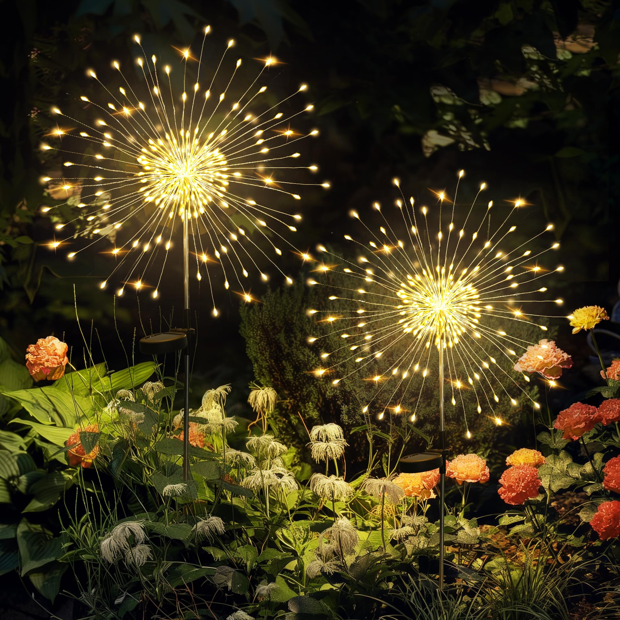 Gartendeko Solarleuchten für Außen,4 Stück 120 LED Feuerwerk Solarleuchten, Wetterfest Pusteblume Solarlampen für Balkon Terrasse Blumenkästen Hof Deko