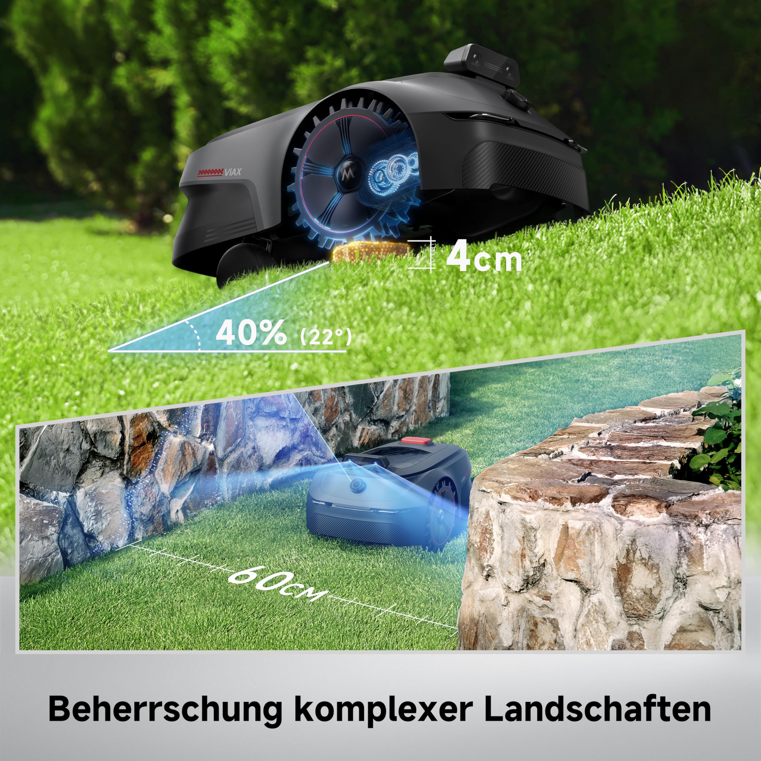 MOVA ViAX 250 Mähroboter Ohne Begrenzungskabel, Empf. 250m², KI-gestützte Kartierung, U-förmige Bahnen, Hindernisvermeidung Dual-Vision, Besserer Kantenschnitt, Für Komplexe Gelände, Appsteuerung