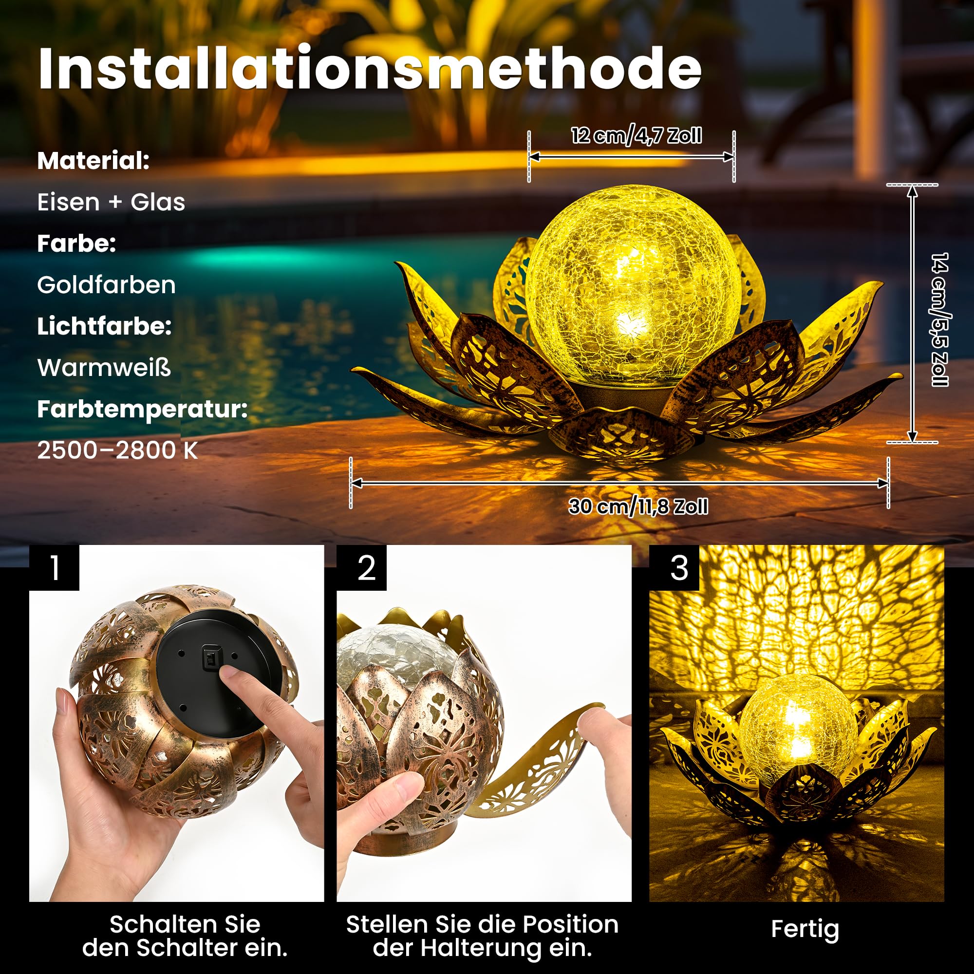 Solarlampen für Außen, Lotus Garten Deko Licht, LED Solarleuchten für Aussen, Wasserdicht Gartenleuchten Solar, Metal, für Terrasse, Garten, Gras, Balkon