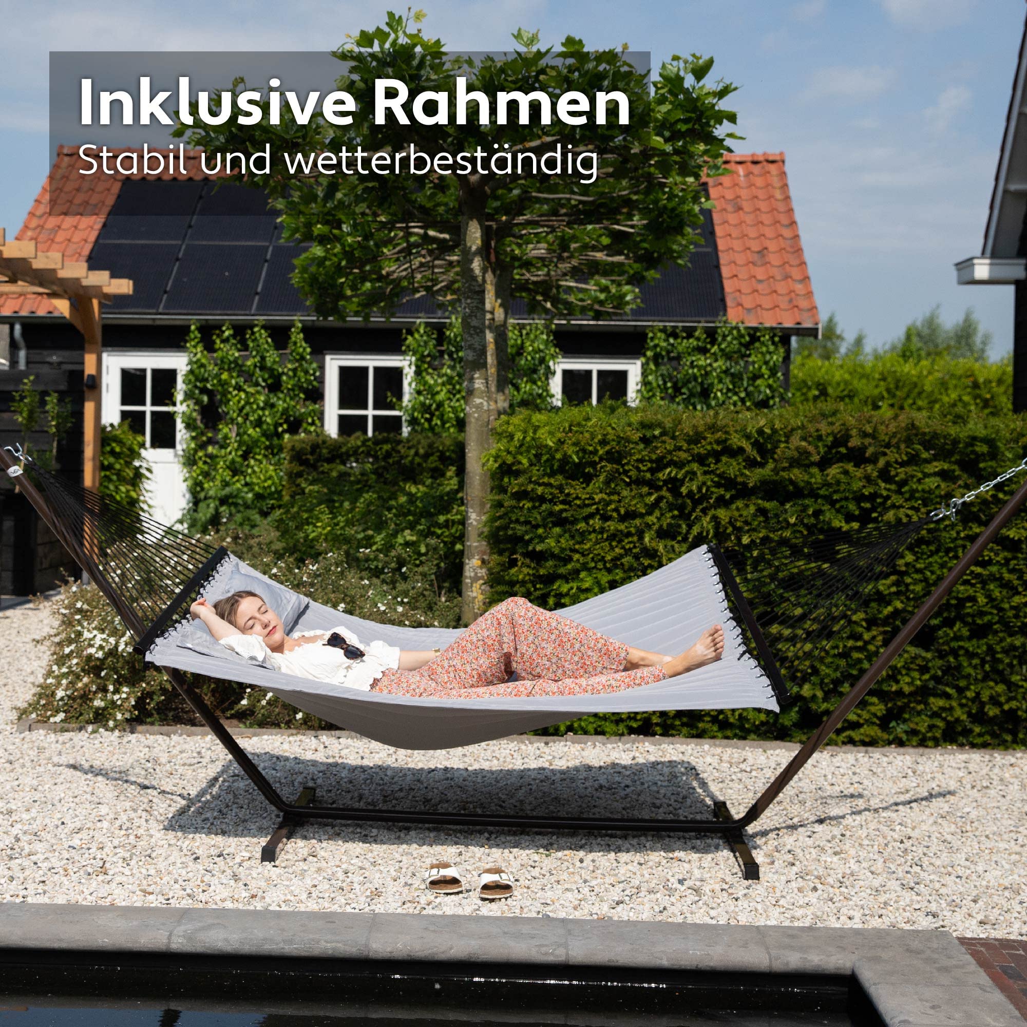 Hängematte mit Gestell und Tisch - Hängematte Outdoor für den Garten, Pool & Balkon - Großzügige Hängematten 2 Personen - Doppelhängematte mit Ständer und Beistelltisch - 200 kg Belastbarkeit