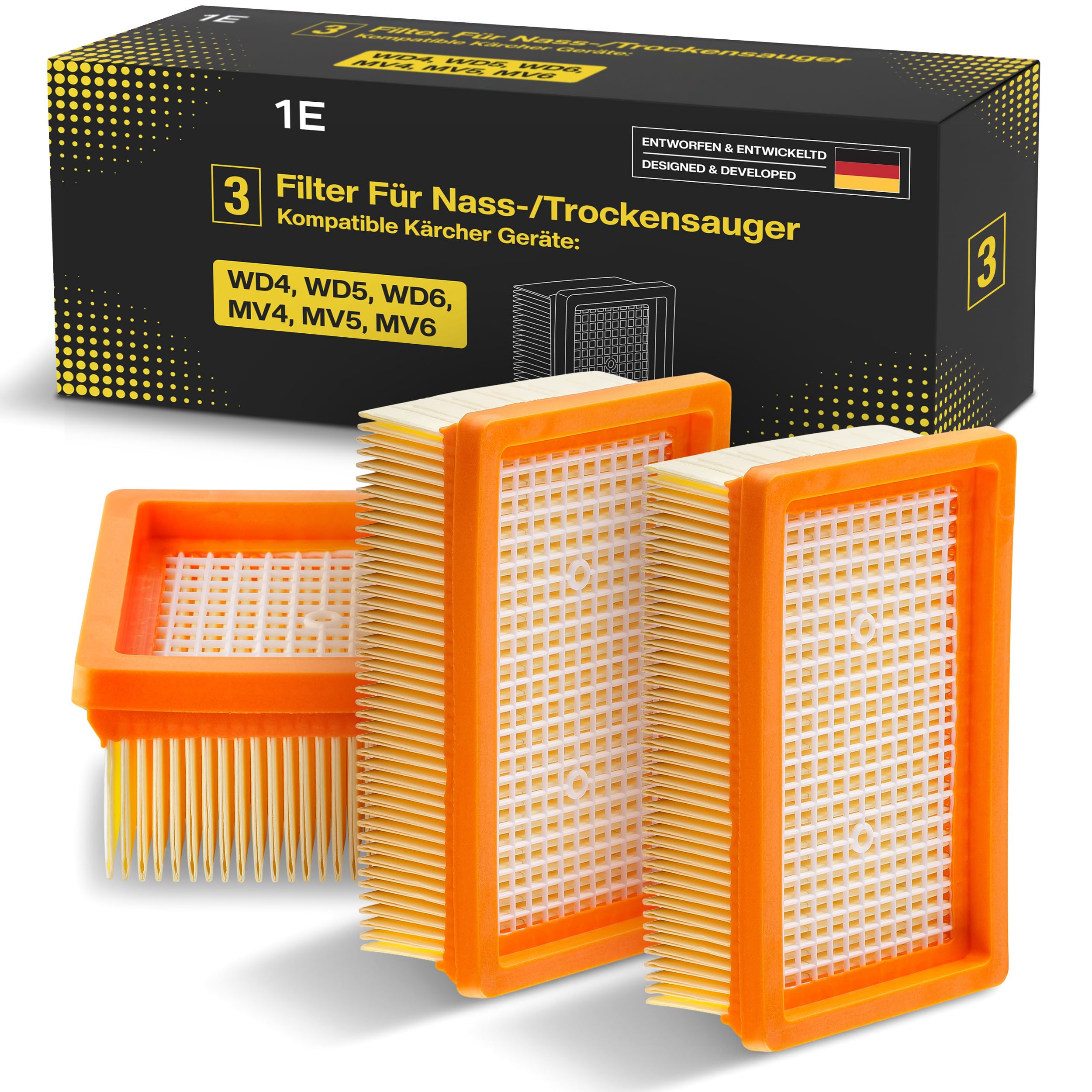 3 x Flachfalten-Filter für Kärcher Staubsauger WD4, WD5, WD6 / MV4, MV5, MV6 – 3 x Flachfalten-Filter gegen Feinstaub & Gerüche