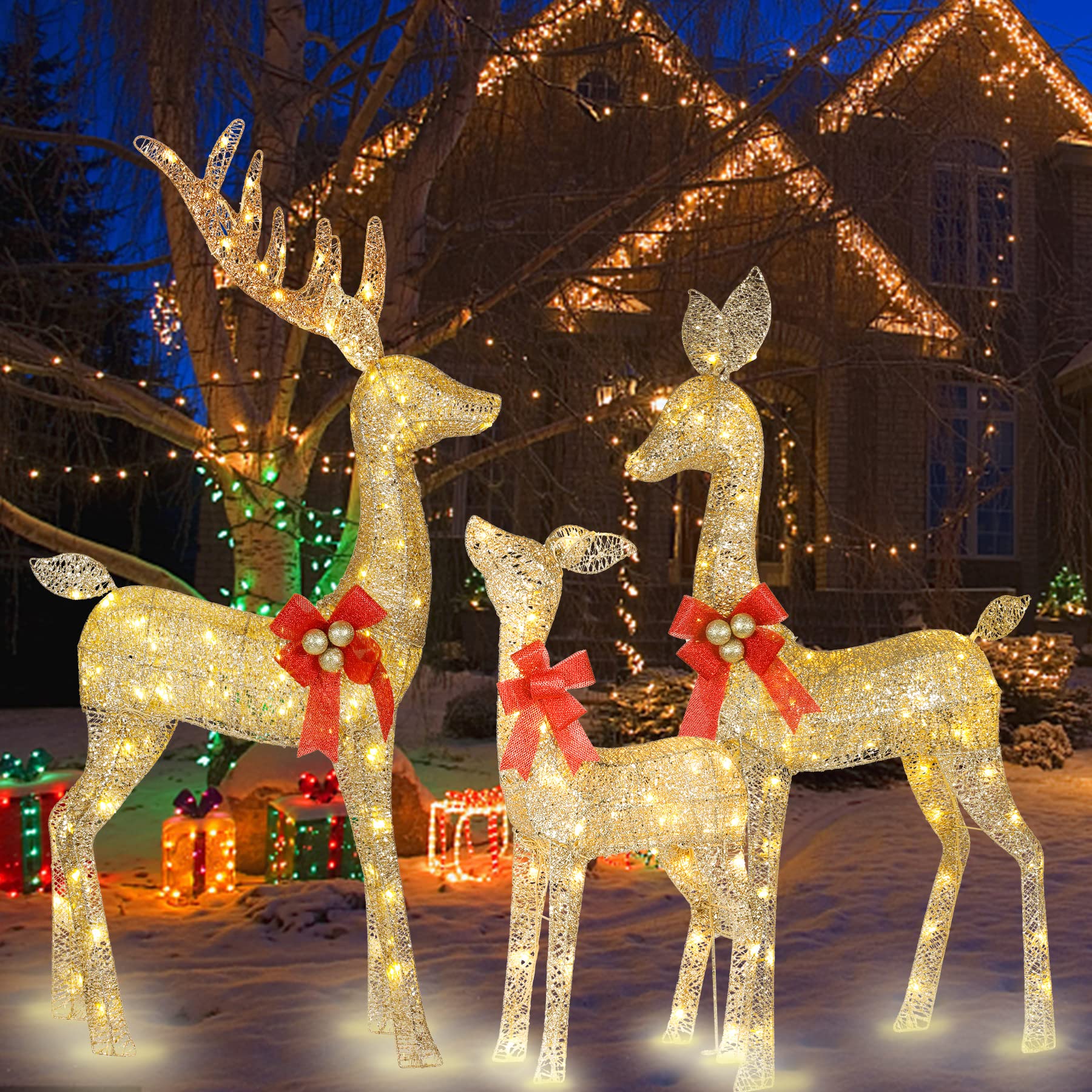 Beleuchtete Weihnachtsdekoration Deer 3 Stücke, Beleuchtete Weihnachtsdekoration Reindeer Familienset für Indoor Outdoor Vorderveranda mit LED, Stecker, Verlängerungskabel, Bodenpfähle, Gold