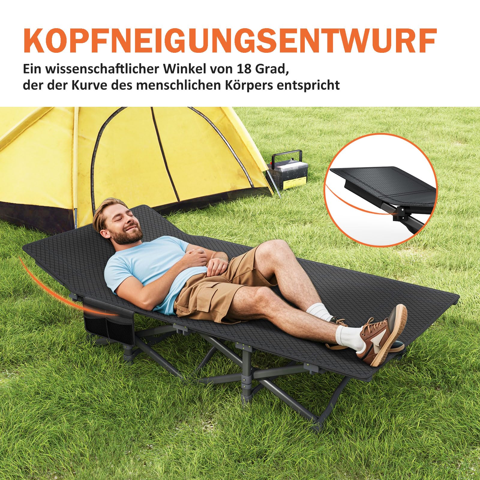 Camping Bett - Feldbett - Gästebett bis 200 kg mit Seitentasche, Portable Camping Lounge, Outdoor, Garten, Reisen, Camping, Indoor