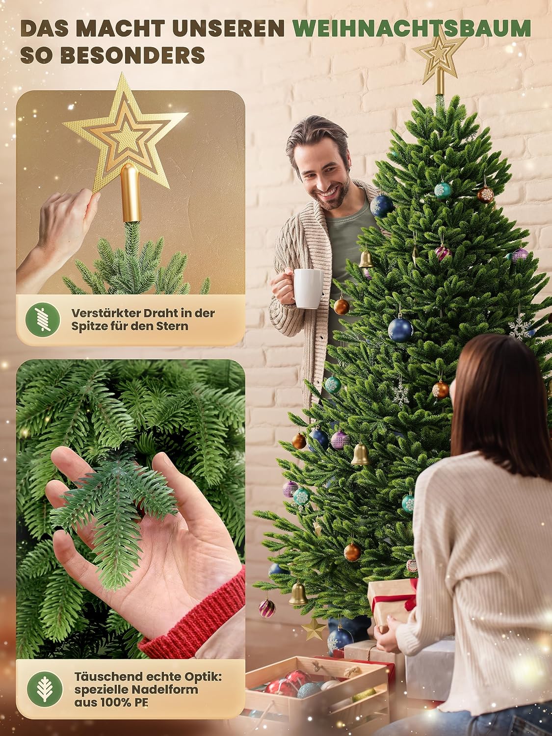 Künstlicher Weihnachtsbaum – 100 % Spritzguss Nordfichte mit LED | Premium Tannenbaum naturgetreu inkl. FSC-Holzständer & Aufbewahrungstasche