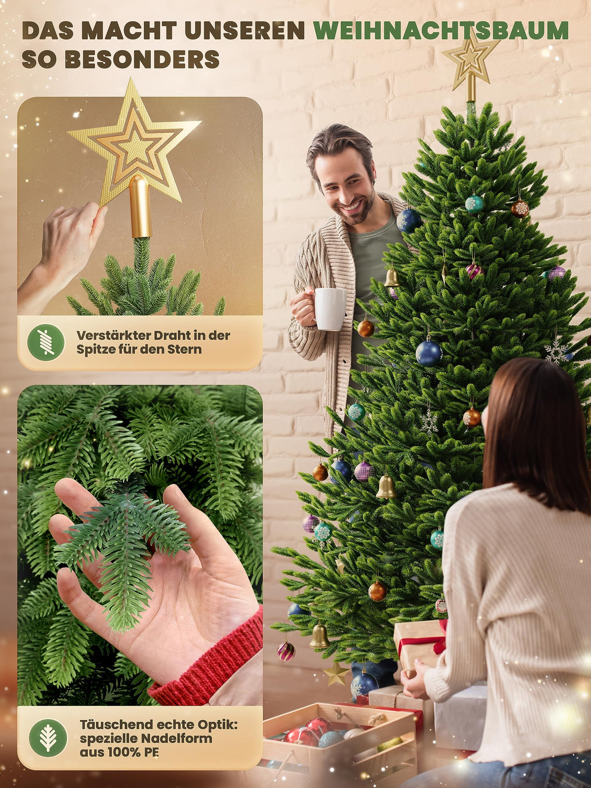 Künstlicher Weihnachtsbaum – 100 % Spritzguss Nordfichte mit LED | Premium Tannenbaum naturgetreu inkl. FSC-Holzständer & Aufbewahrungstasche
